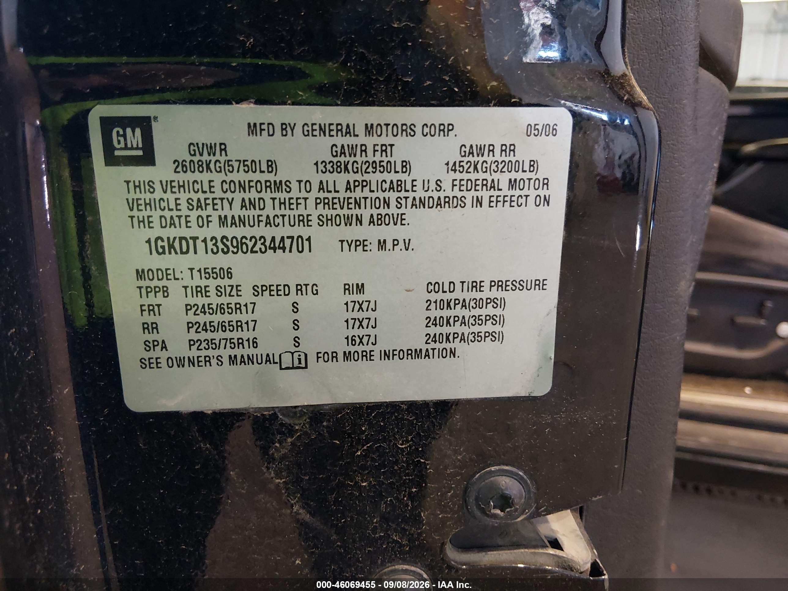 2006 Gmc Envoy Sle Black vin: 1GKDT13S962344701