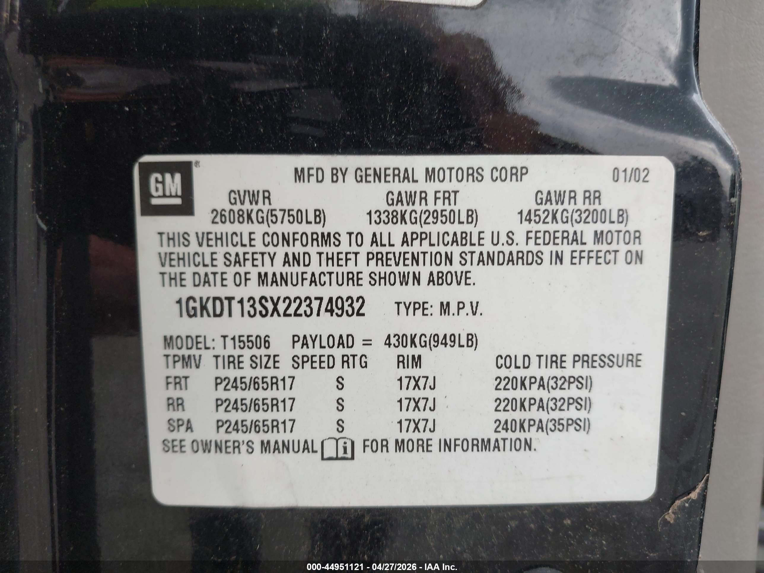 2002 Gmc Envoy Slt Black vin: 1GKDT13SX22374932