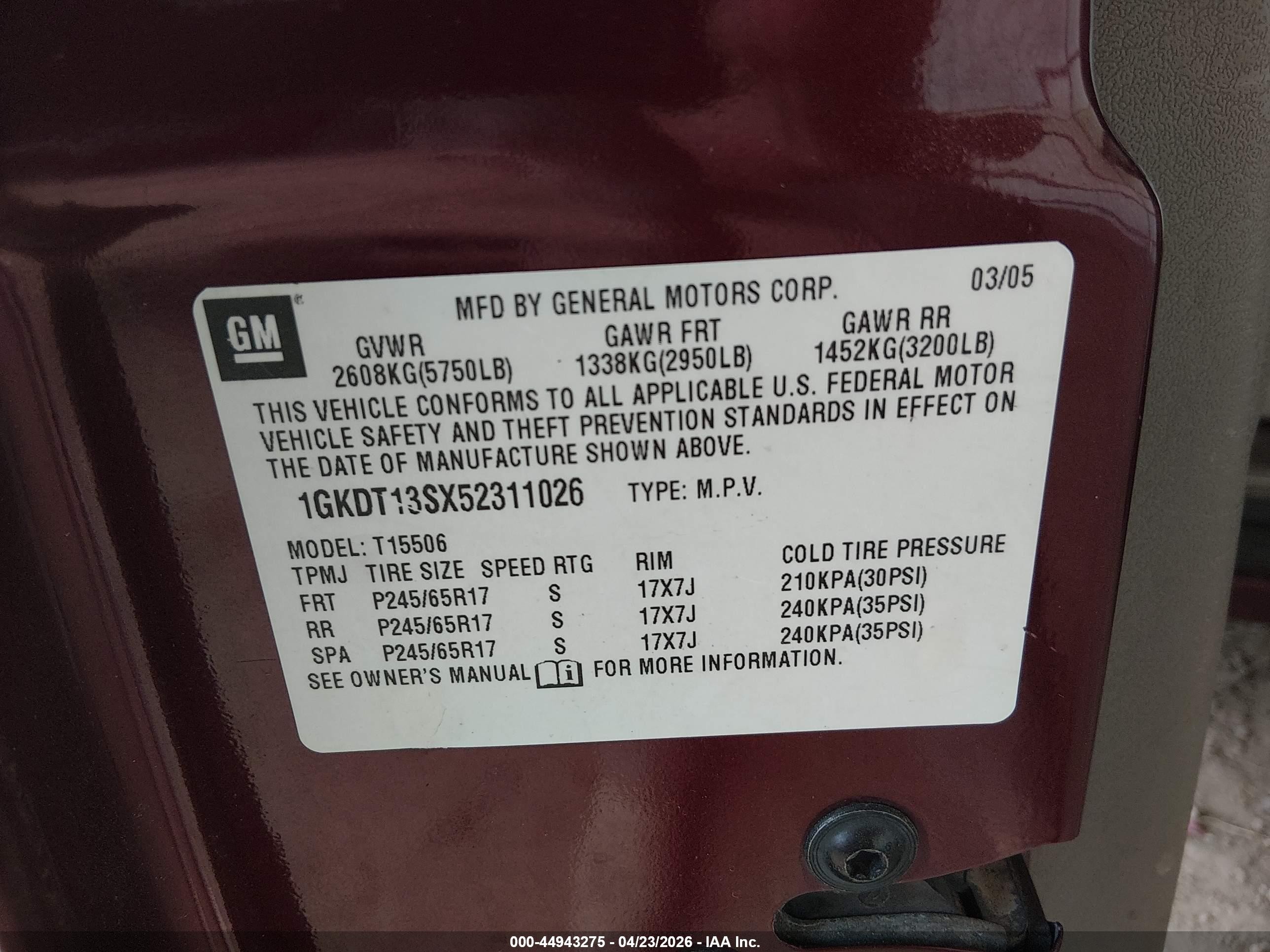 2005 Gmc Envoy Sle Maroon vin: 1GKDT13SX52311026