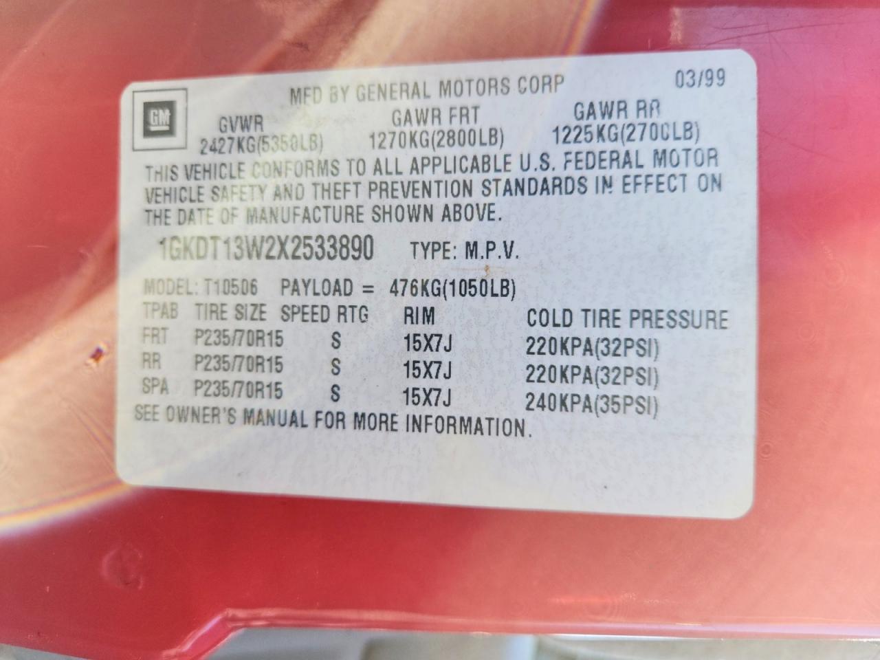 1999 Gmc Jimmy Red vin: 1GKDT13W2X2533890