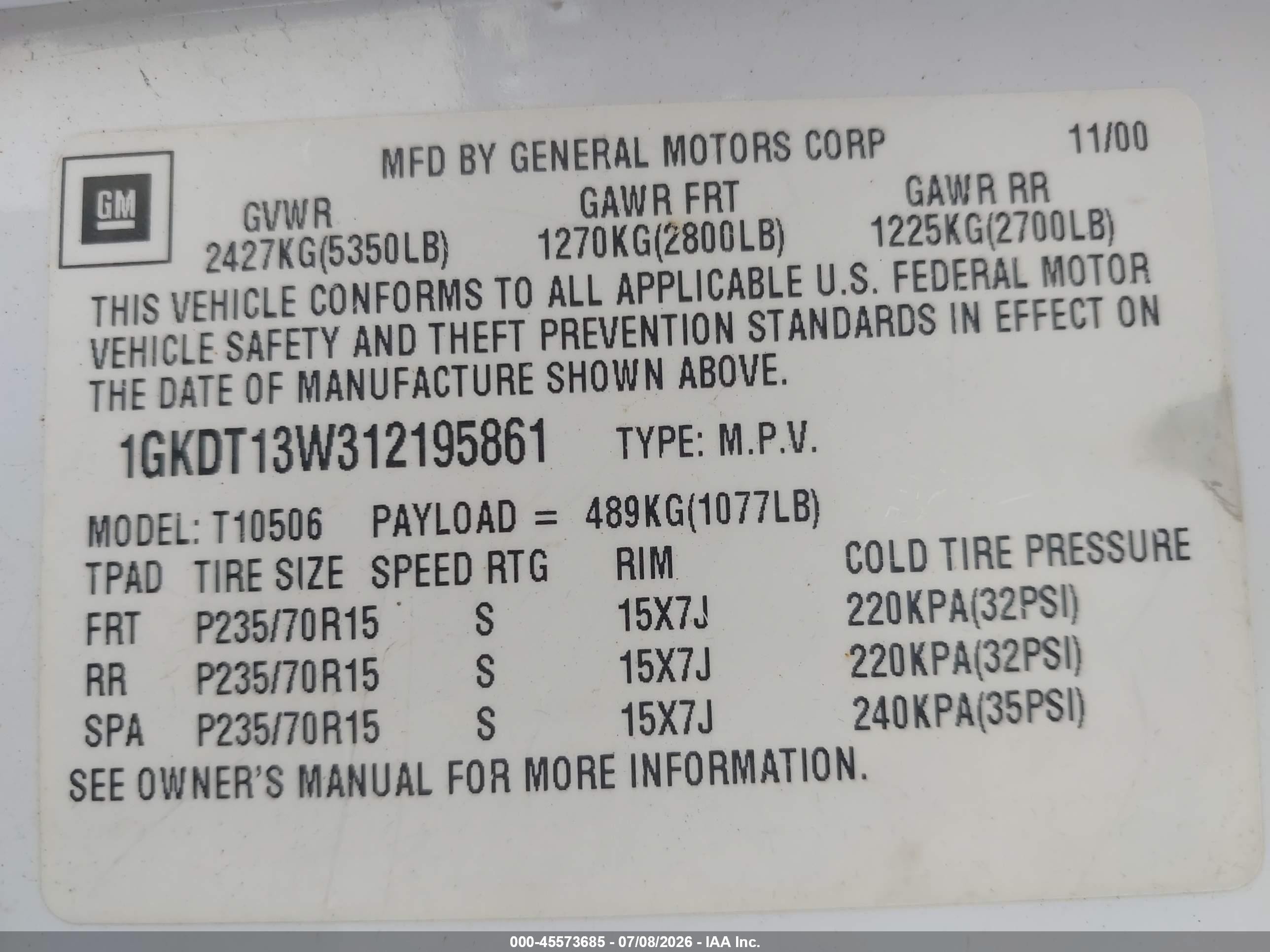 2001 Gmc Jimmy Sle White vin: 1GKDT13W312195861