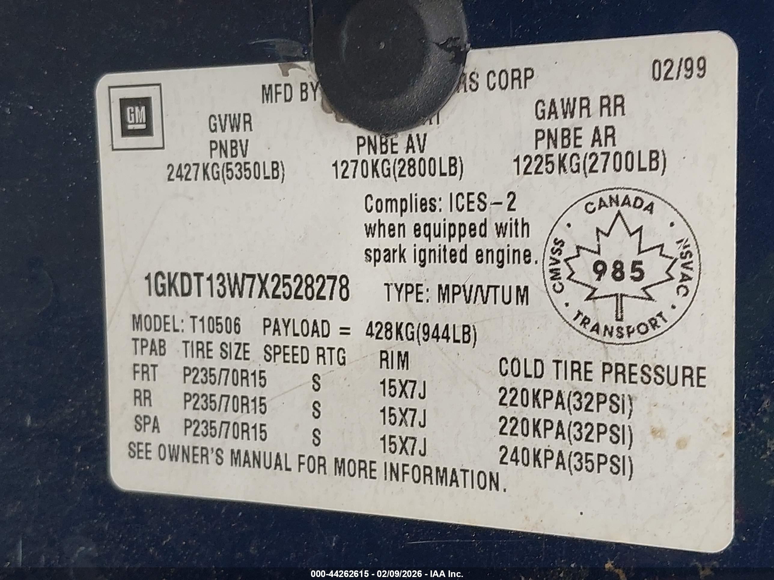 1999 Gmc Jimmy Sl/sle/slt Blue vin: 1GKDT13W7X2528278
