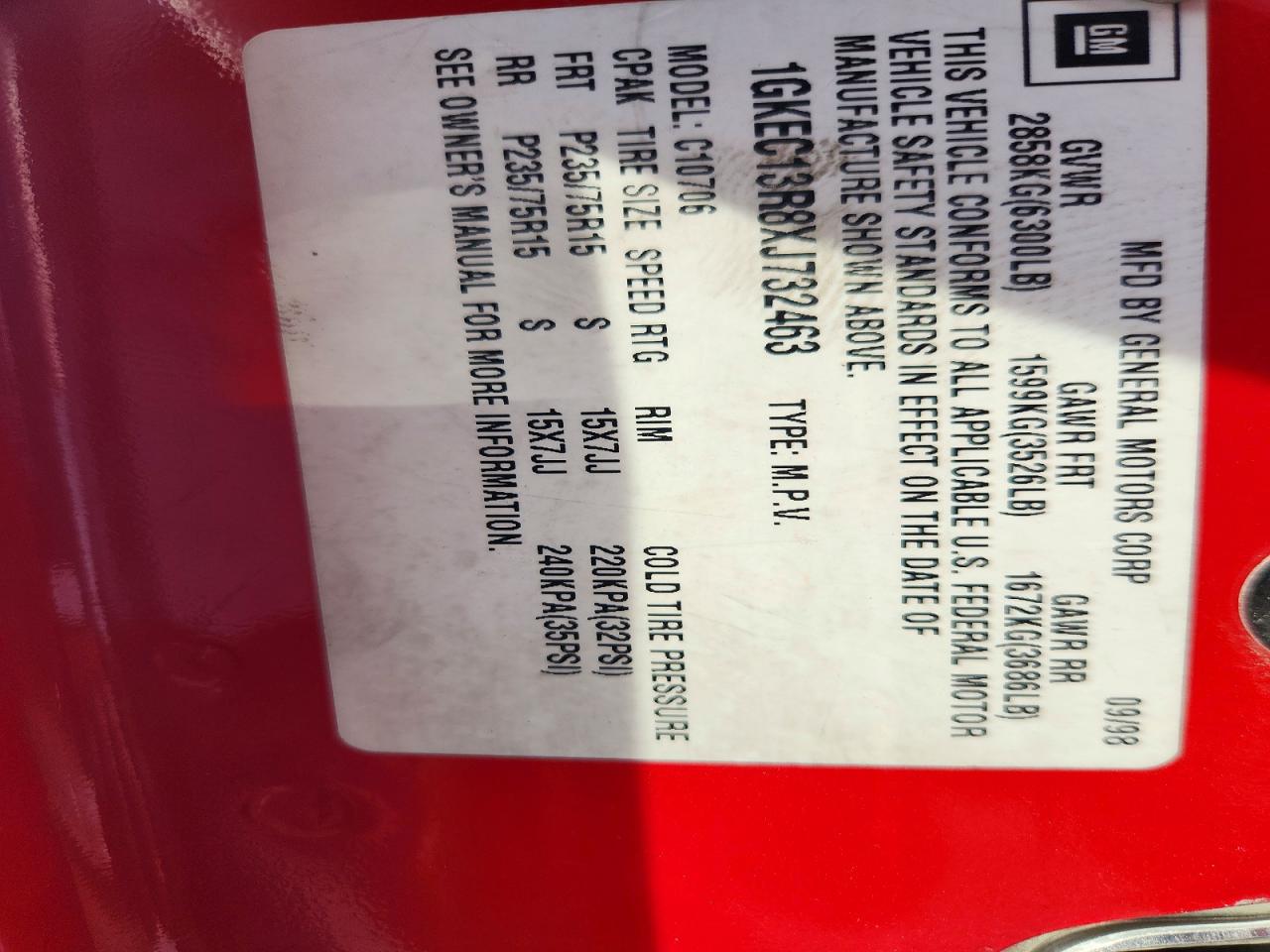 1999 Gmc Yukon Red vin: 1GKEC13R8XJ732463