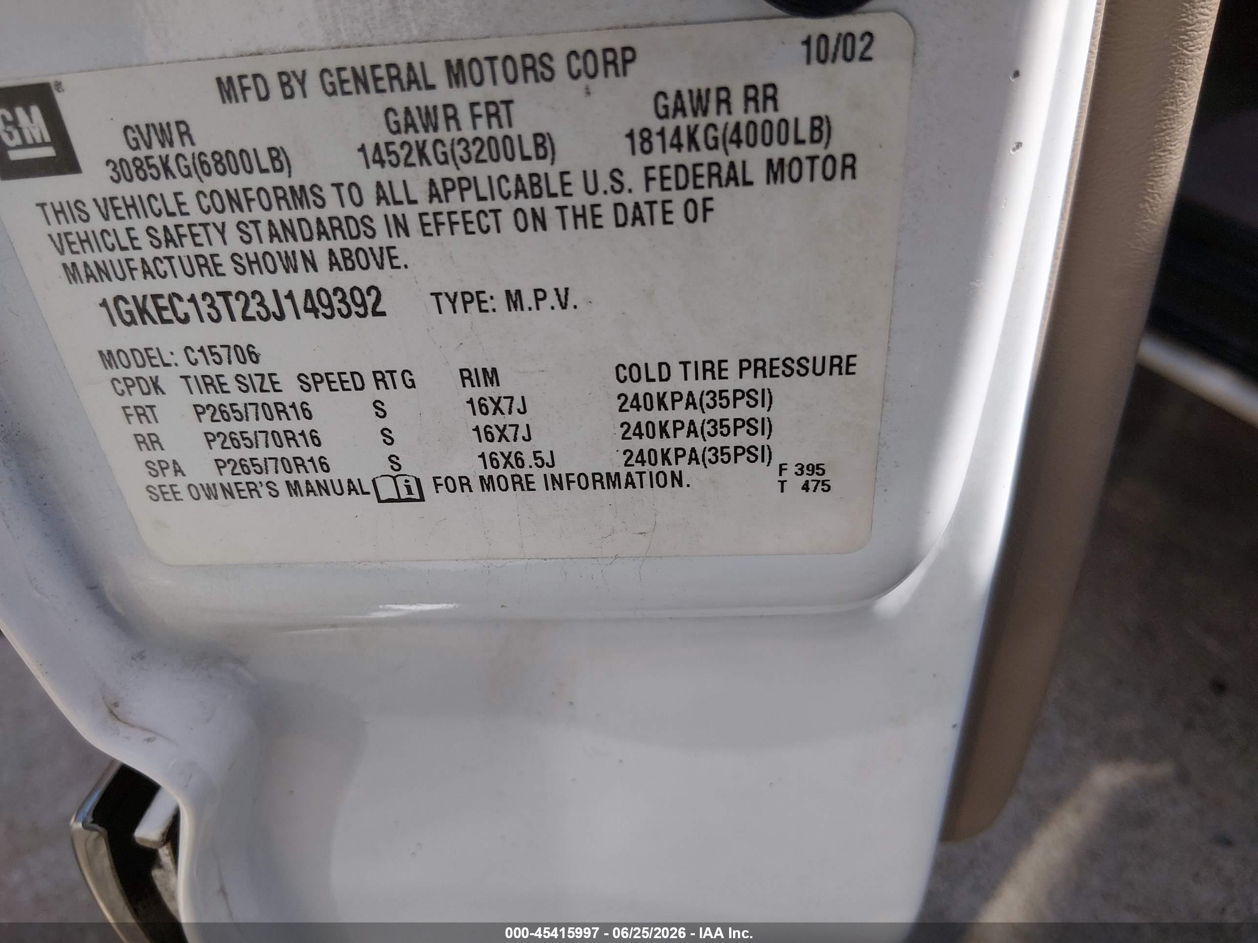 2003 Gmc Yukon Sle White vin: 1GKEC13T23J149392