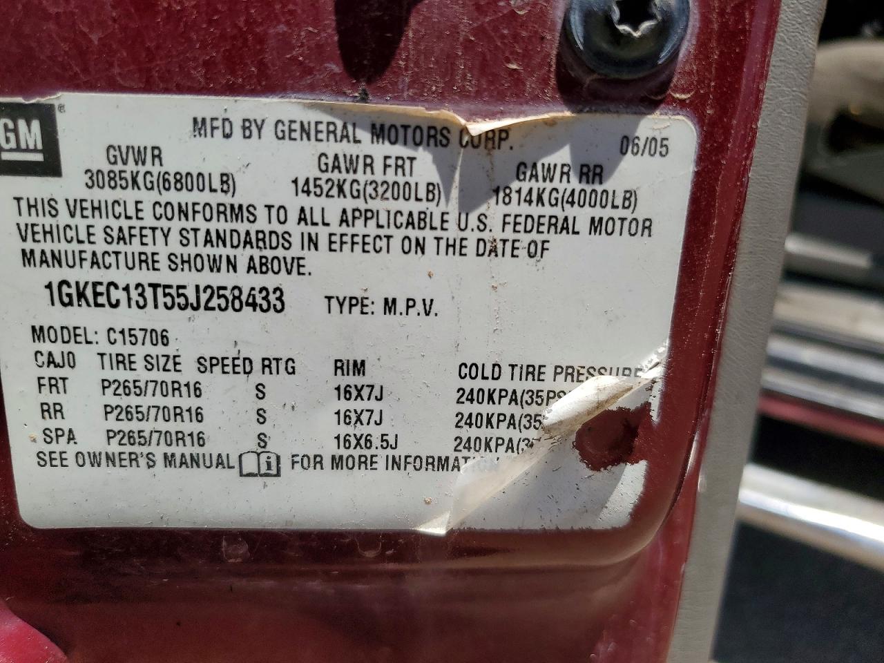 2005 Gmc Yukon Maroon vin: 1GKEC13T55J258433