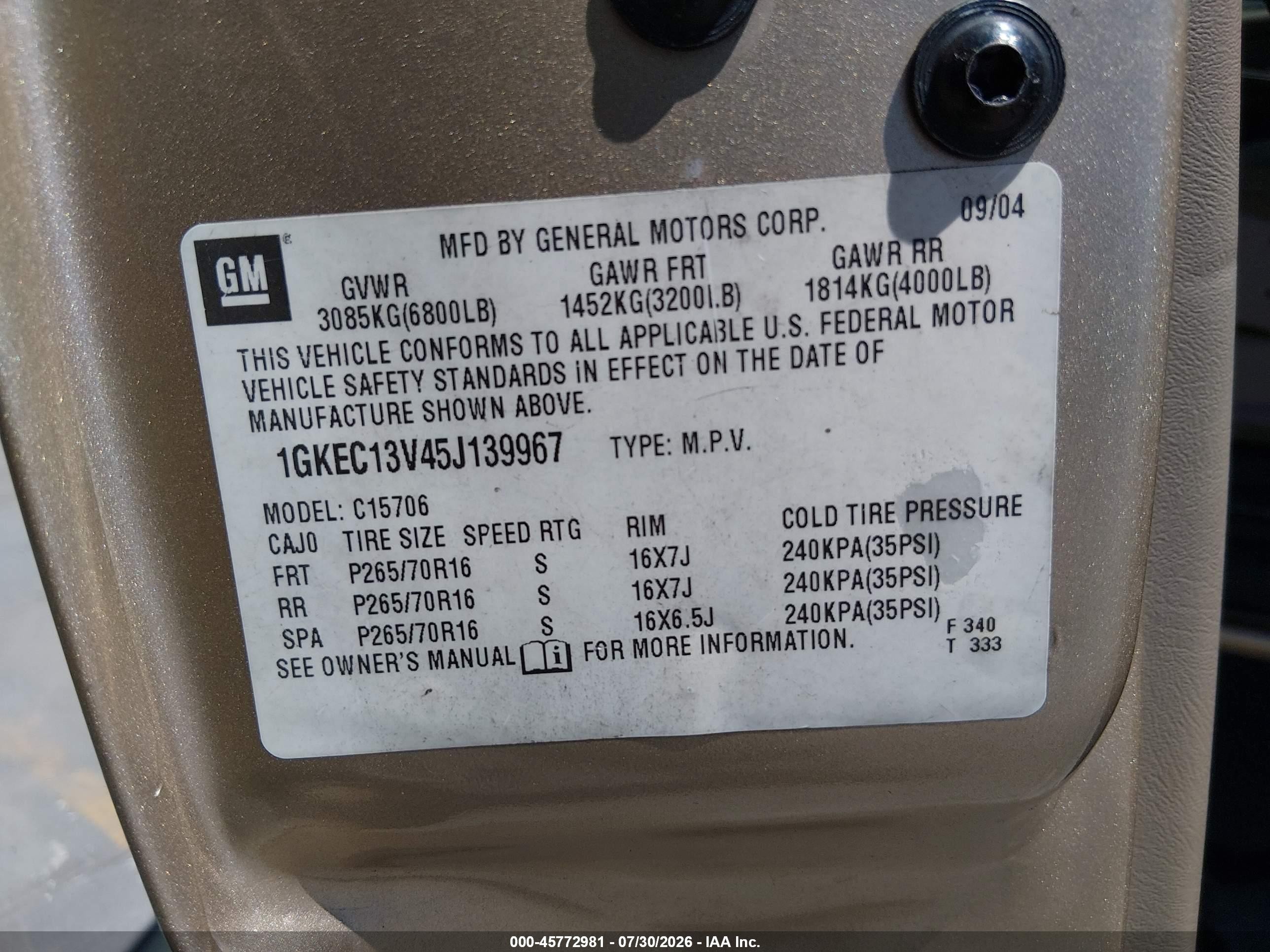2005 Gmc Yukon Sle Gold vin: 1GKEC13V45J139967