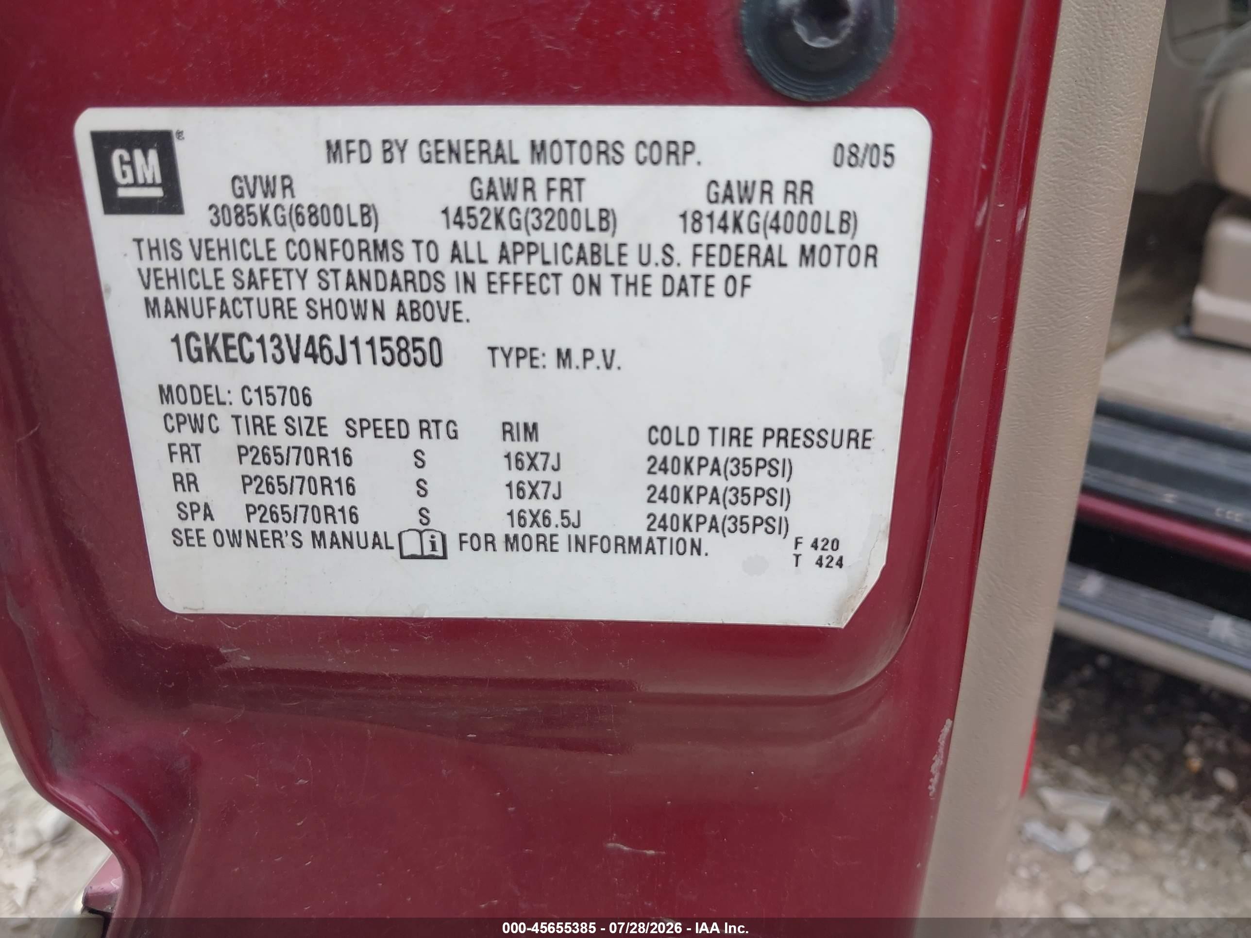 2006 Gmc Yukon Sle Maroon vin: 1GKEC13V46J115850