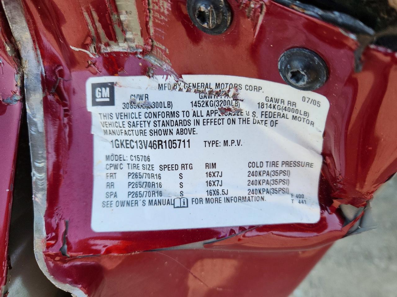 2006 Gmc Yukon Red vin: 1GKEC13V46R105711
