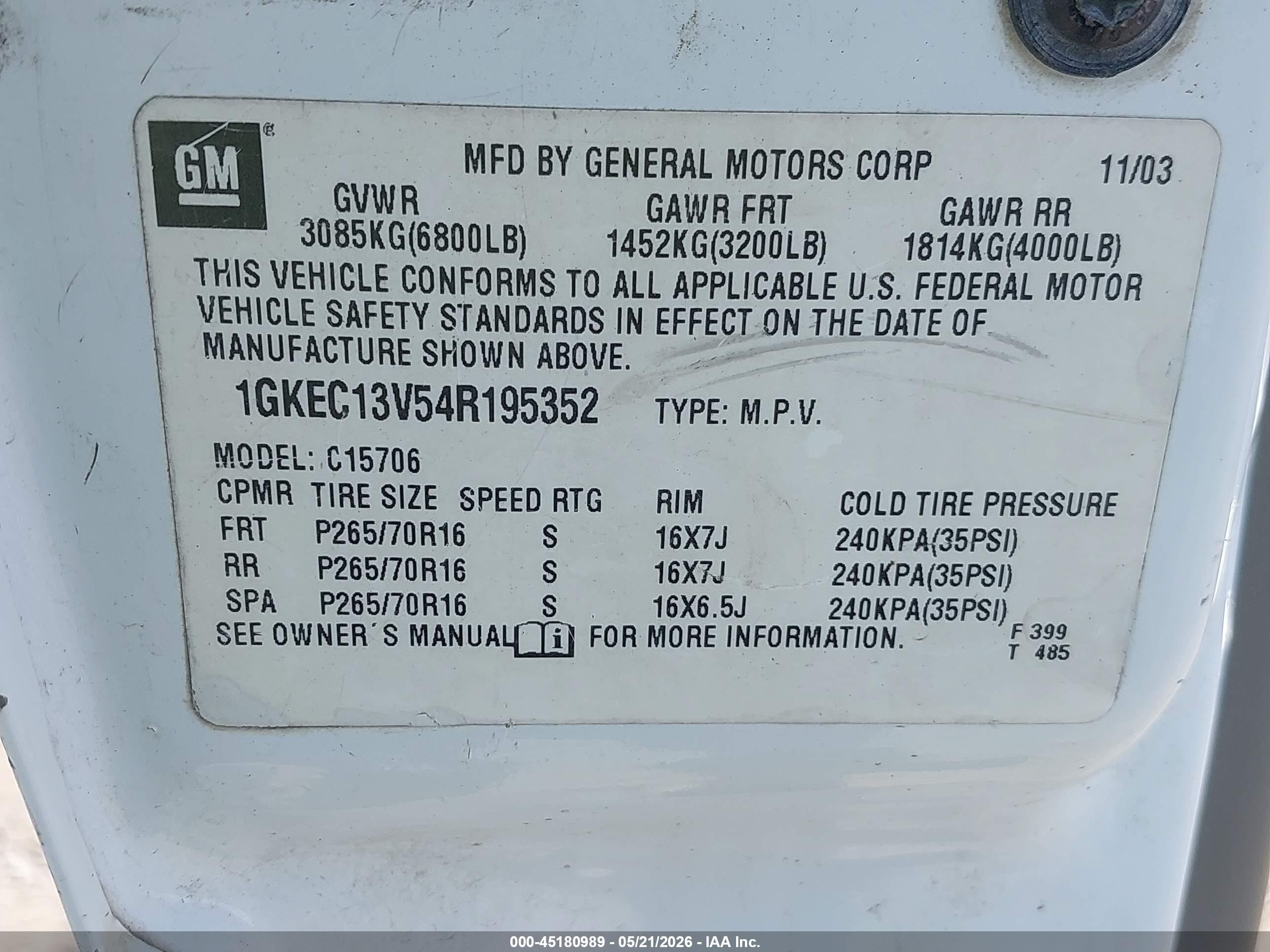 2004 Gmc Yukon Sle White vin: 1GKEC13V54R195352