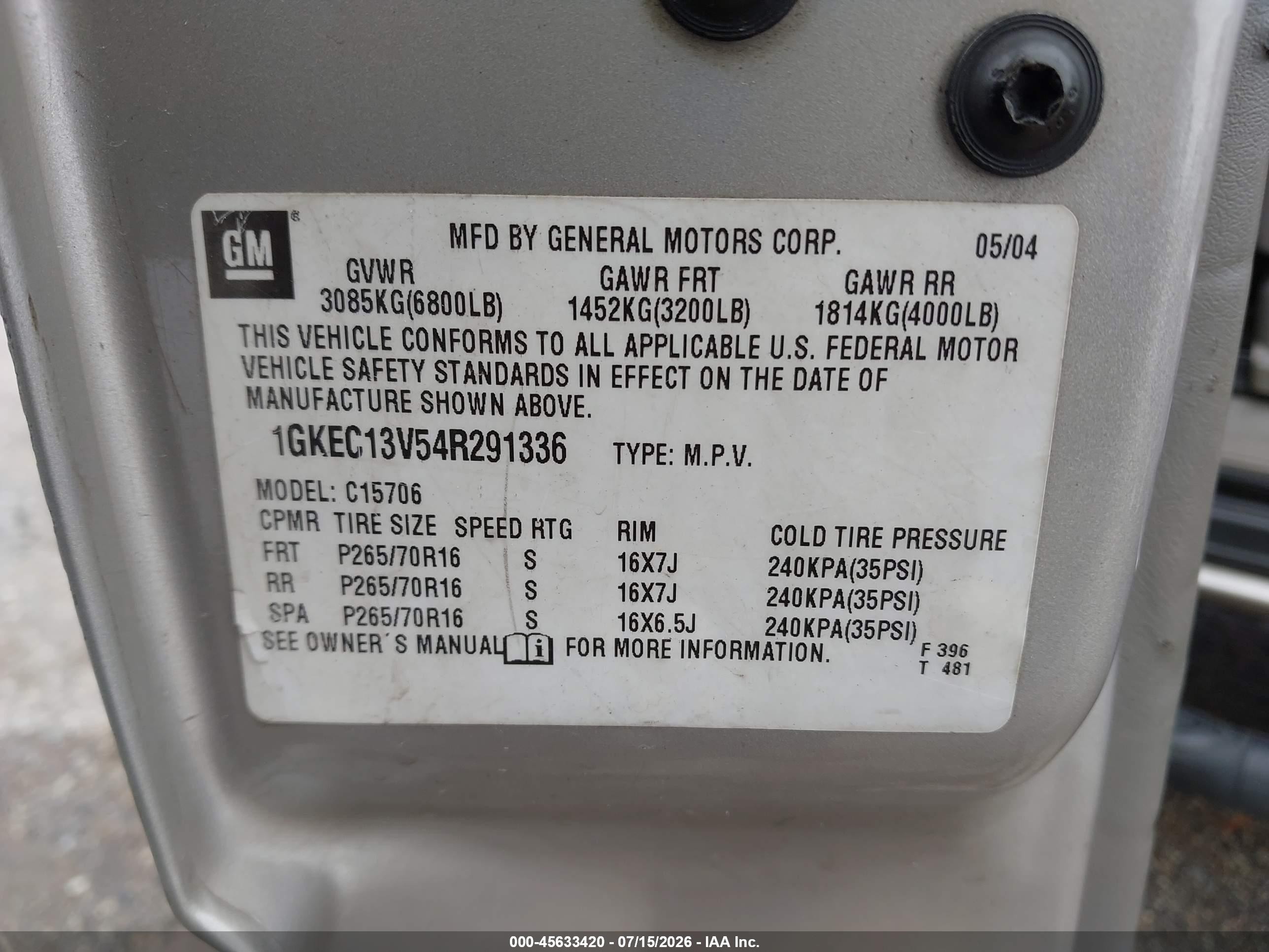 2004 Gmc Yukon Sle Tan vin: 1GKEC13V54R291336