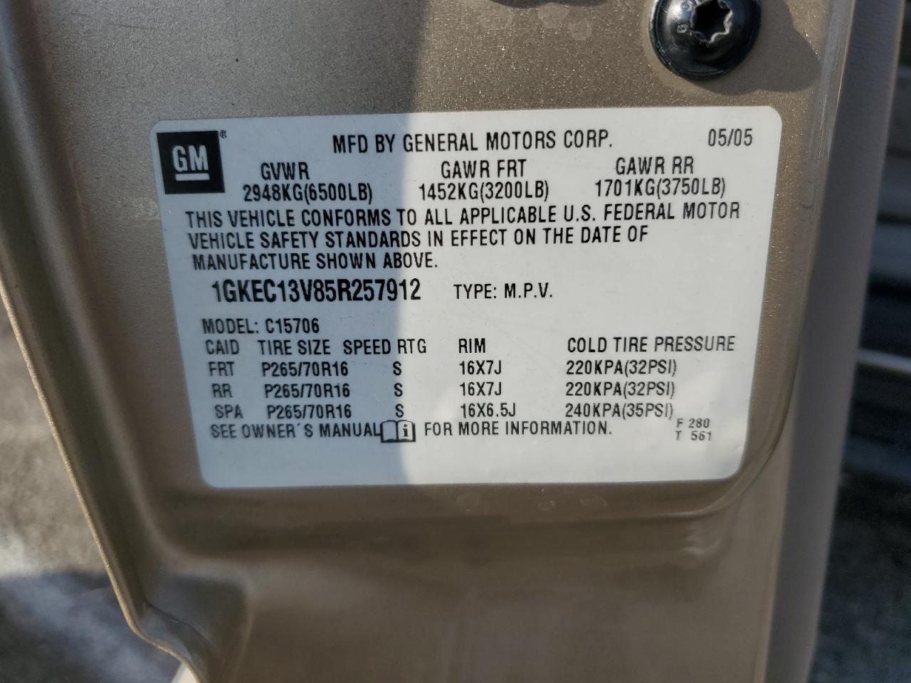 2005 Gmc Yukon Tan vin: 1GKEC13V85R257912