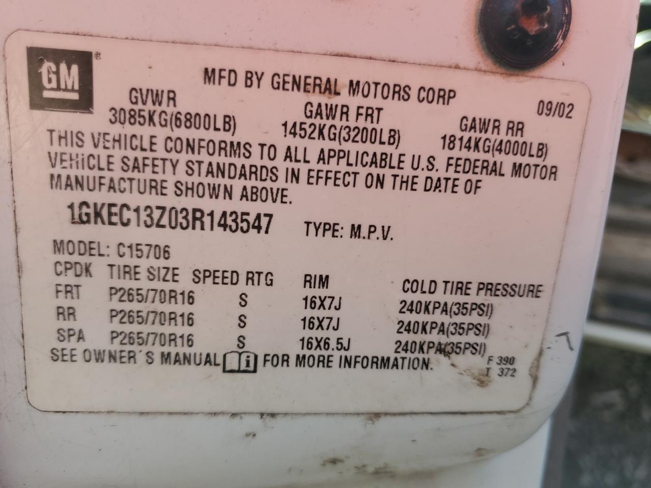 2003 Gmc Yukon White vin: 1GKEC13Z03R143547