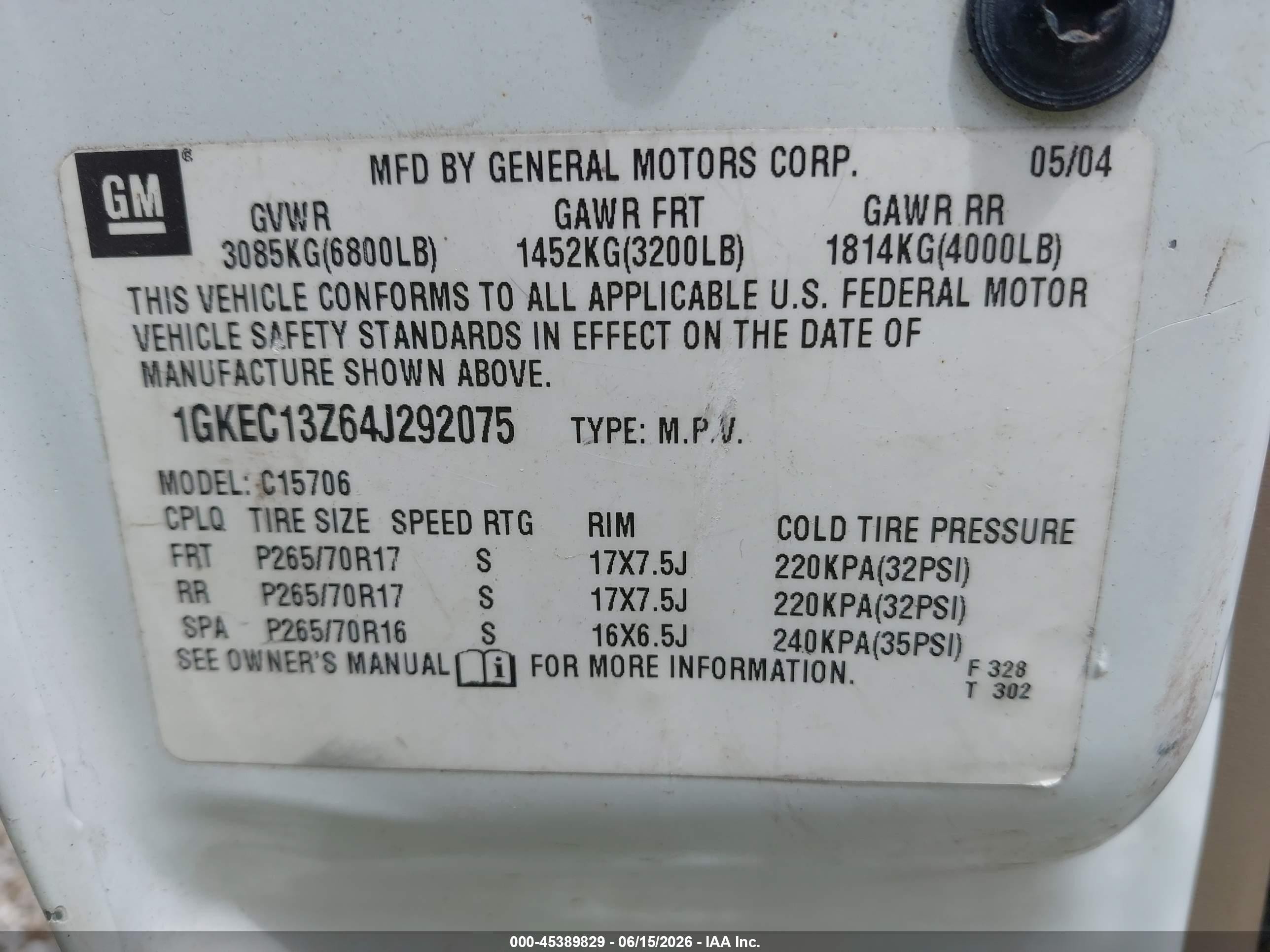 2004 Gmc Yukon Slt vin: 1GKEC13Z64J292075