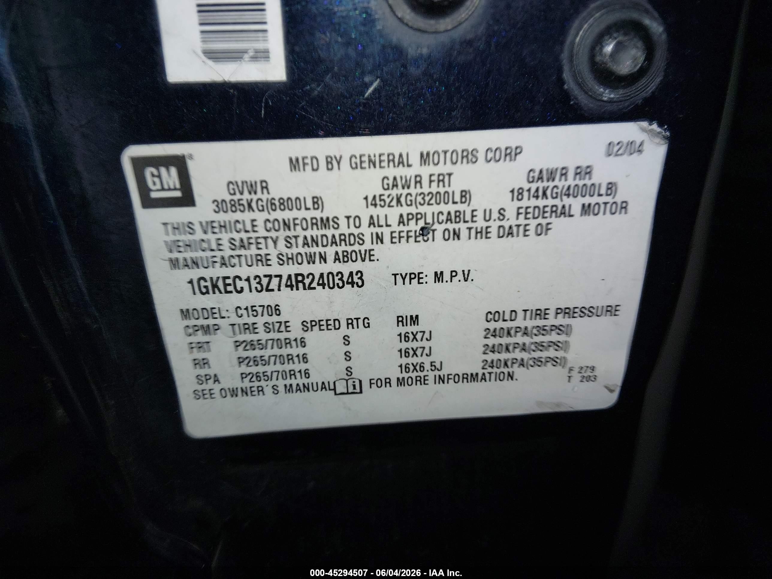 2004 Gmc Yukon Sle Blue vin: 1GKEC13Z74R240343