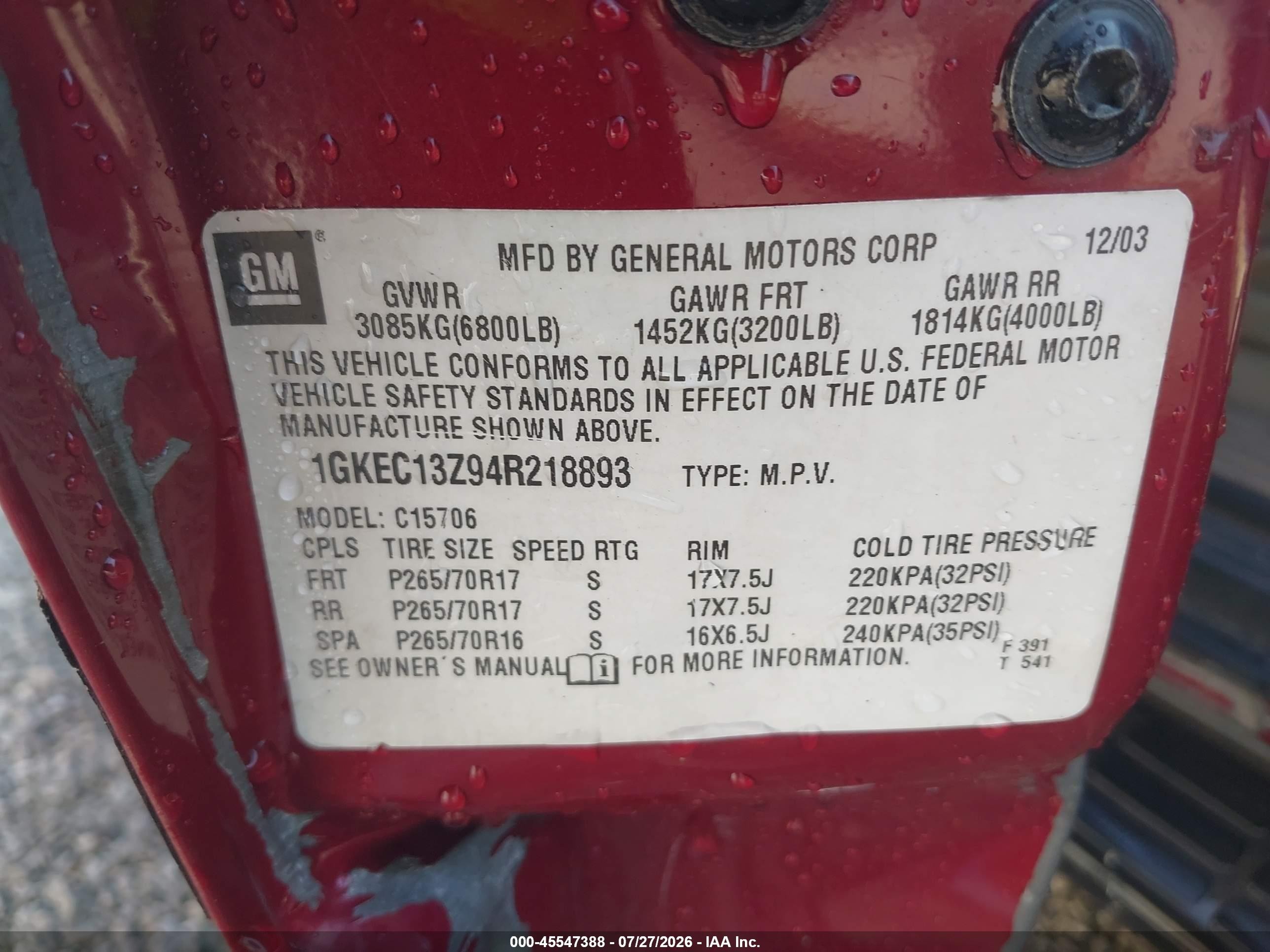 2004 Gmc Yukon Slt Red vin: 1GKEC13Z94R218893