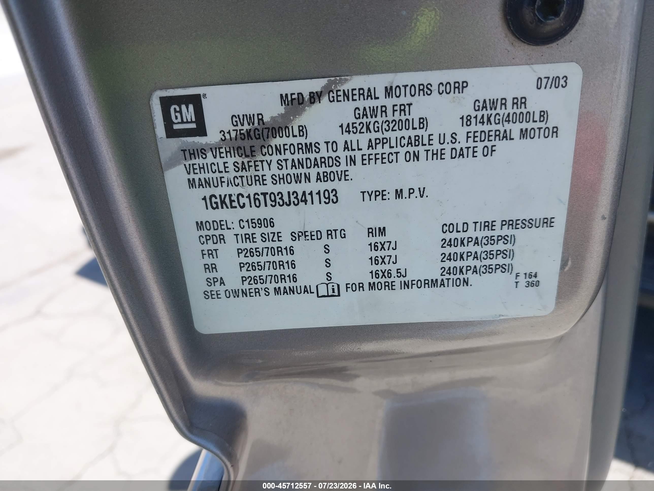2003 Gmc Yukon Xl 1500 Sle Pewter vin: 1GKEC16T93J341193