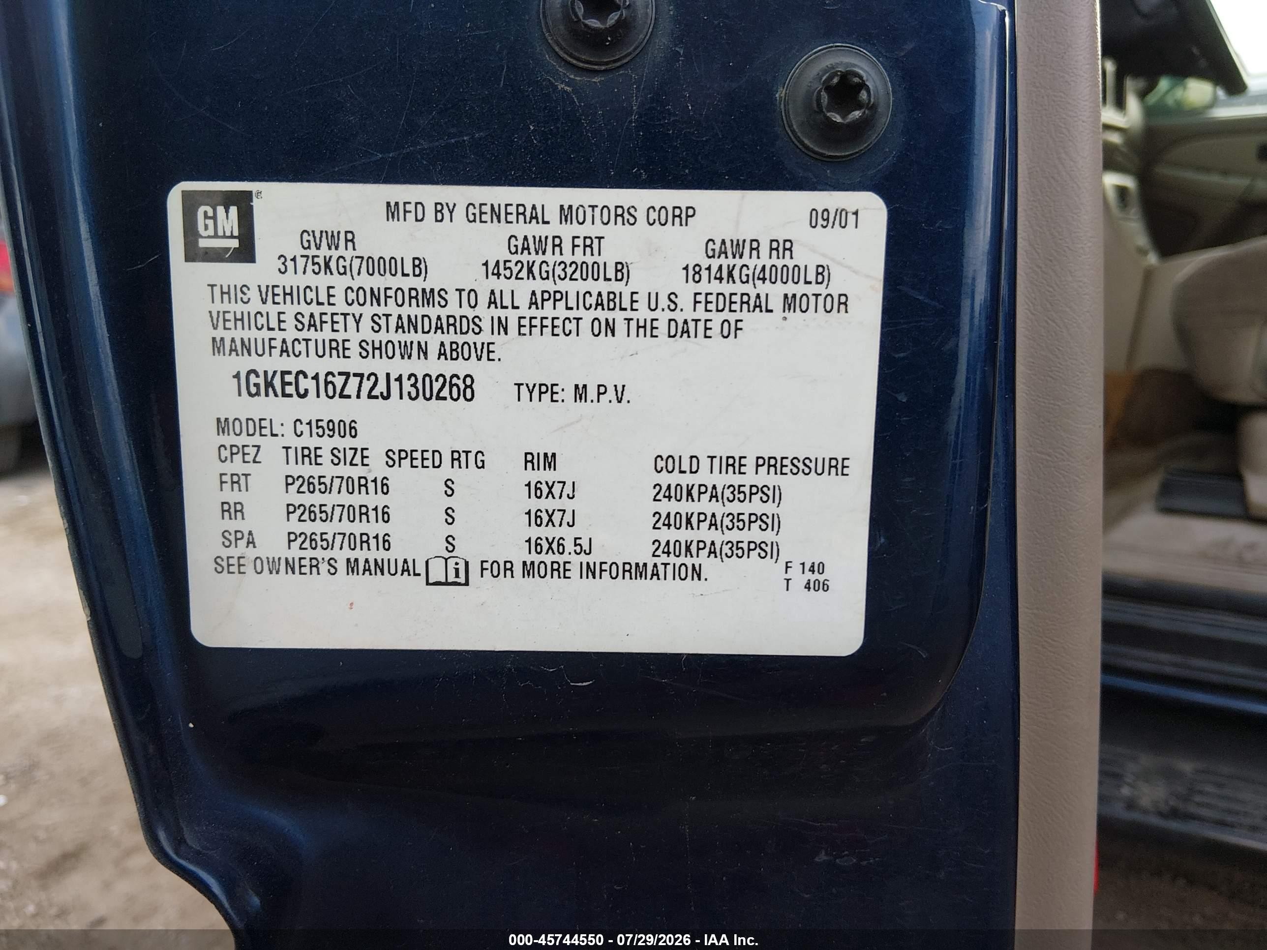 2002 Gmc Yukon Xl 1500 Sle Blue vin: 1GKEC16Z72J130268