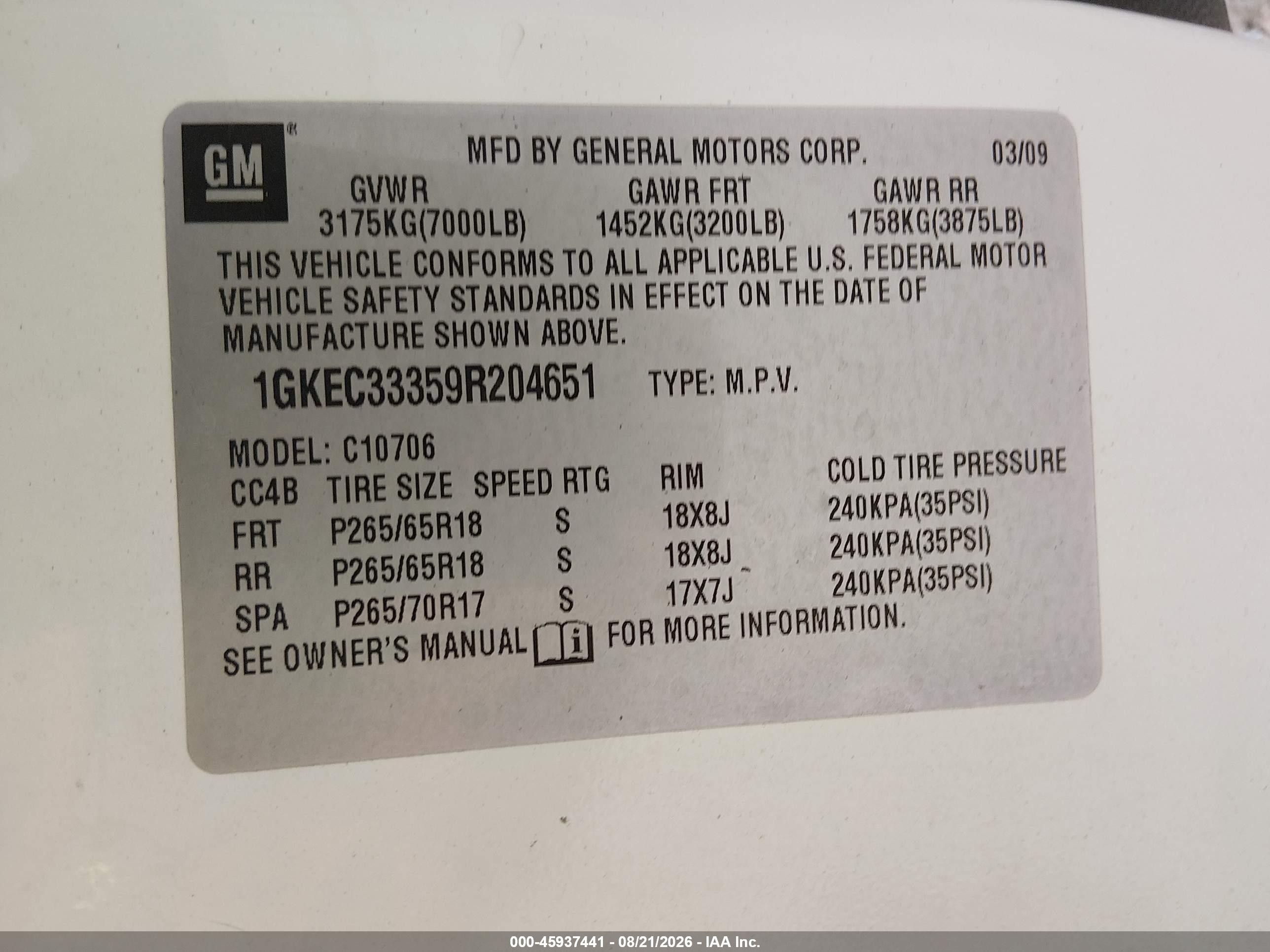2009 Gmc Yukon Slt W/4sa White vin: 1GKEC33359R204651
