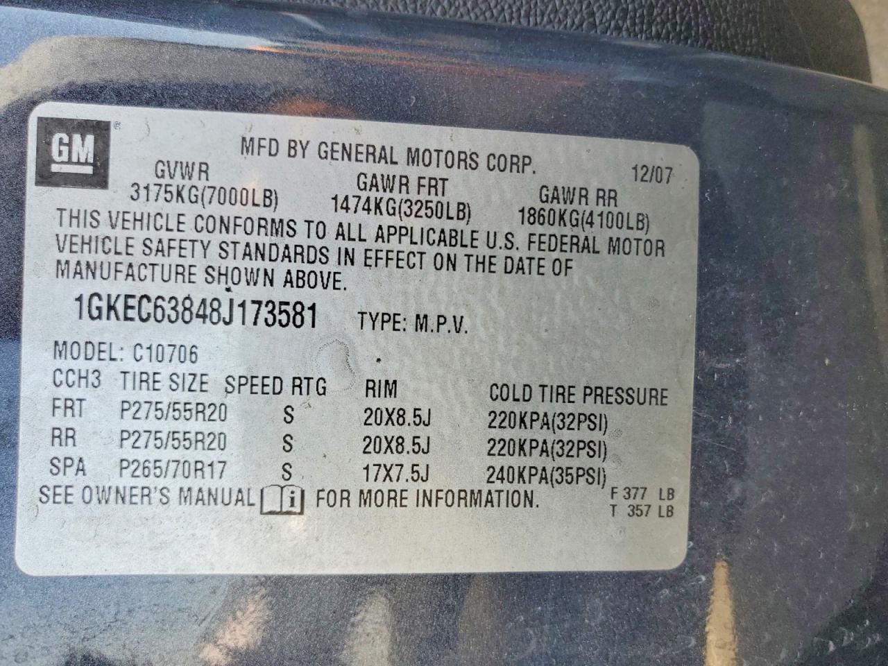 2008 Gmc Yukon Denali Blue vin: 1GKEC63848J173581