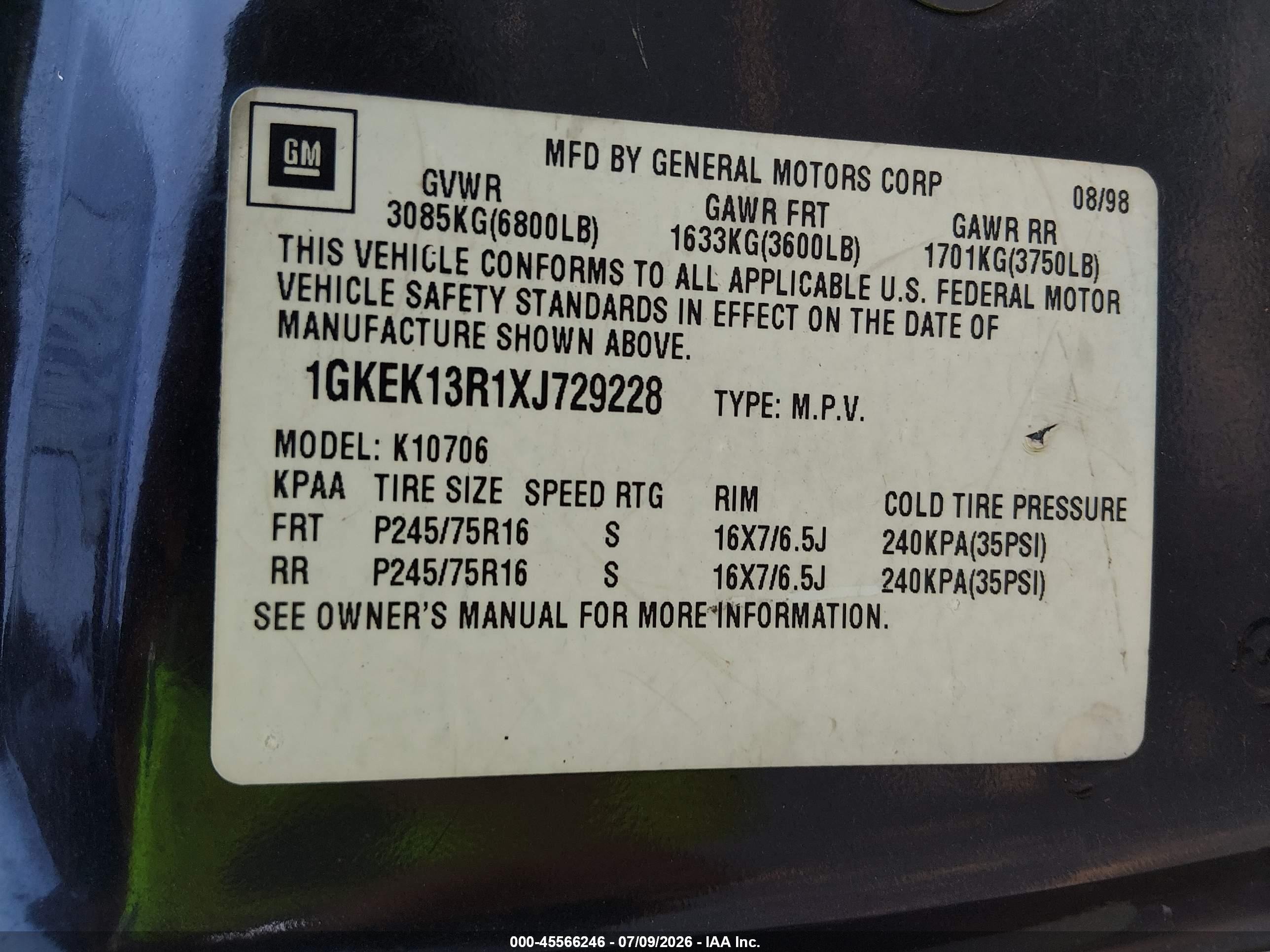 1999 Gmc Yukon Slt Gm Buypower Black vin: 1GKEK13R1XJ729228