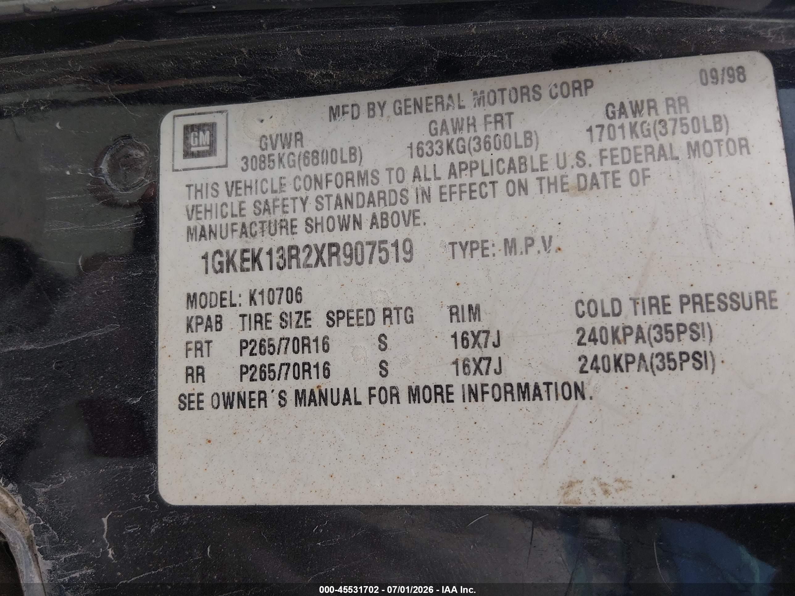 1999 Gmc Denali Black vin: 1GKEK13R2XR907519