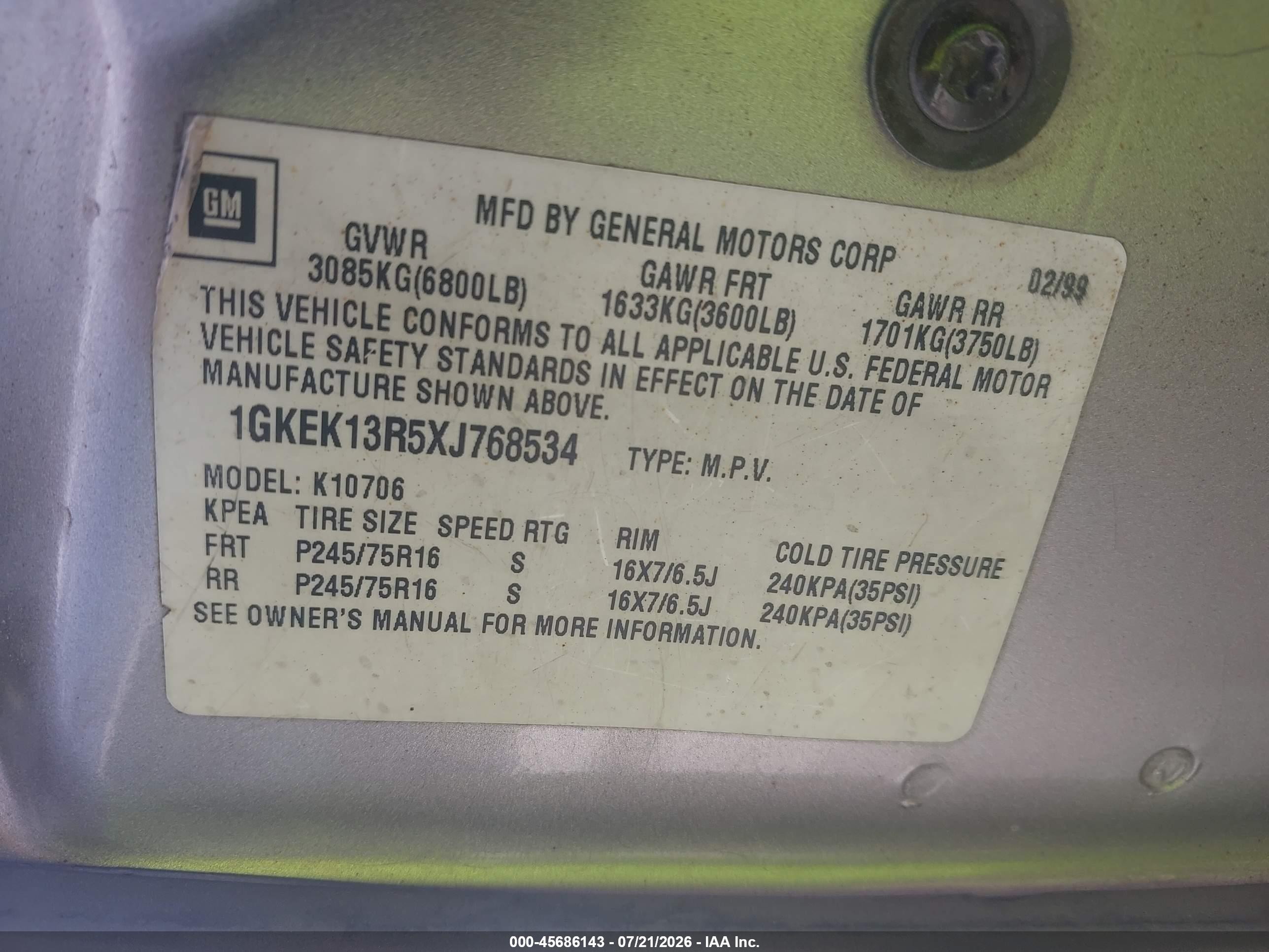 1999 Gmc Yukon Slt Gm Buypower Beige vin: 1GKEK13R5XJ768534