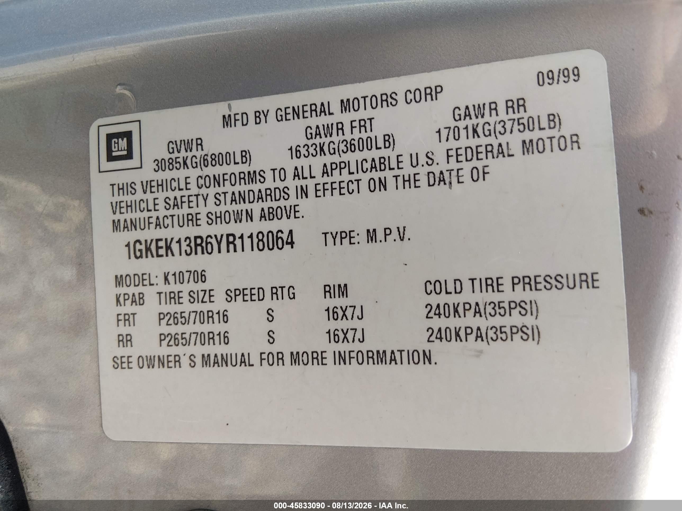 2000 Gmc Yukon Denali   Серебряный vin: 1GKEK13R6YR118064