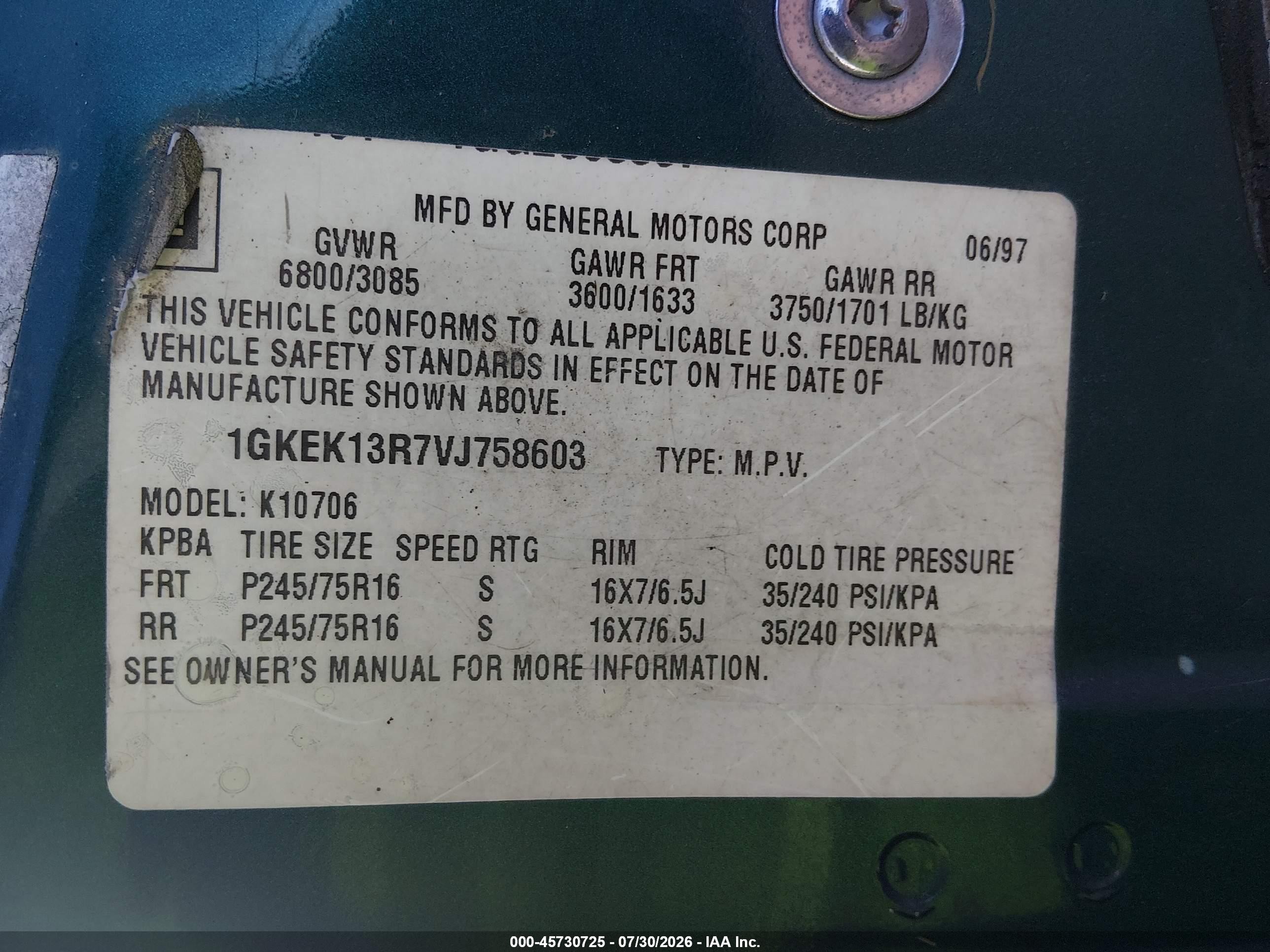 1997 Gmc Yukon Slt Cmi Green vin: 1GKEK13R7VJ758603