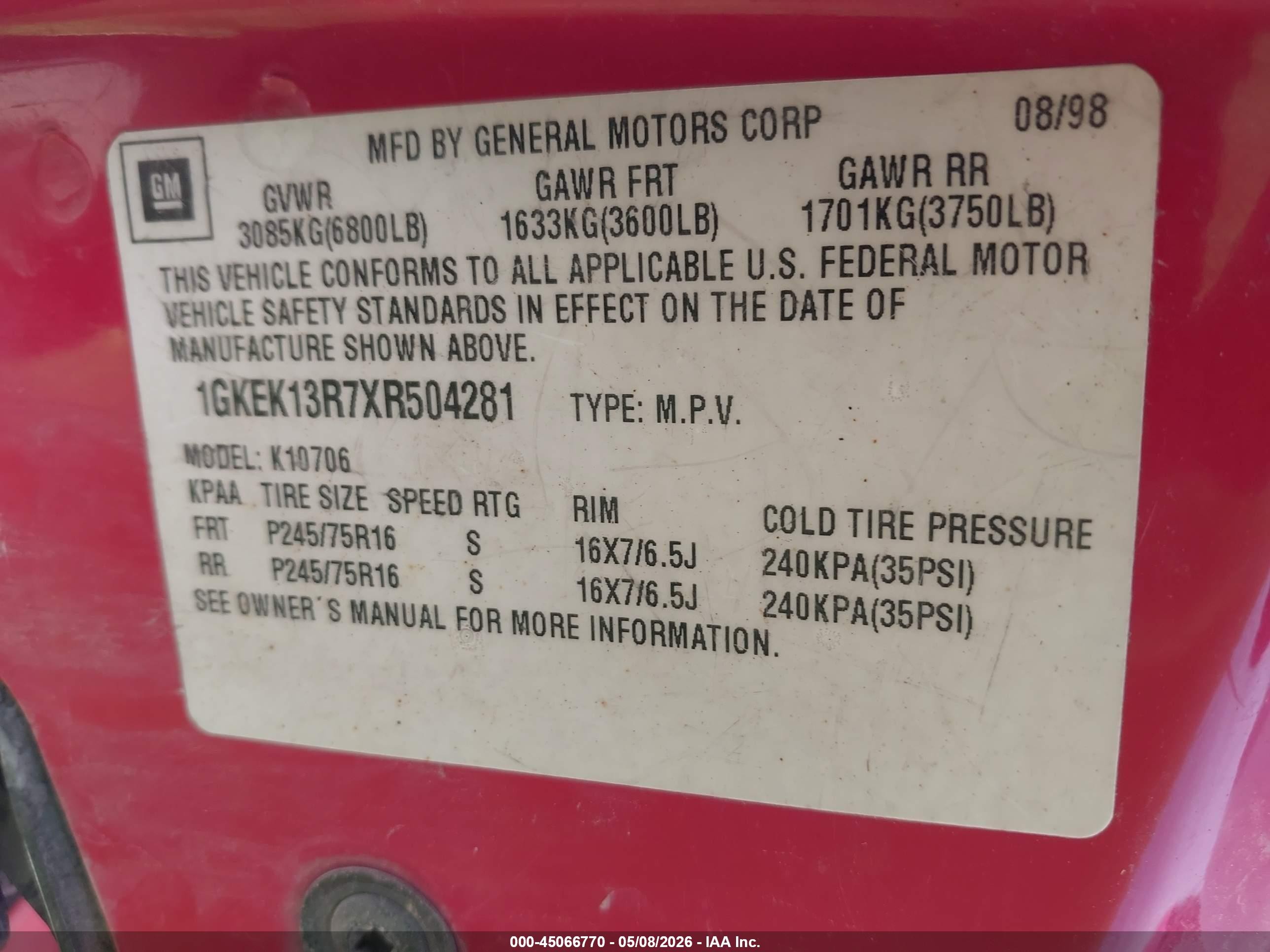 1999 Gmc Yukon Slt Cmi Red vin: 1GKEK13R7XR504281