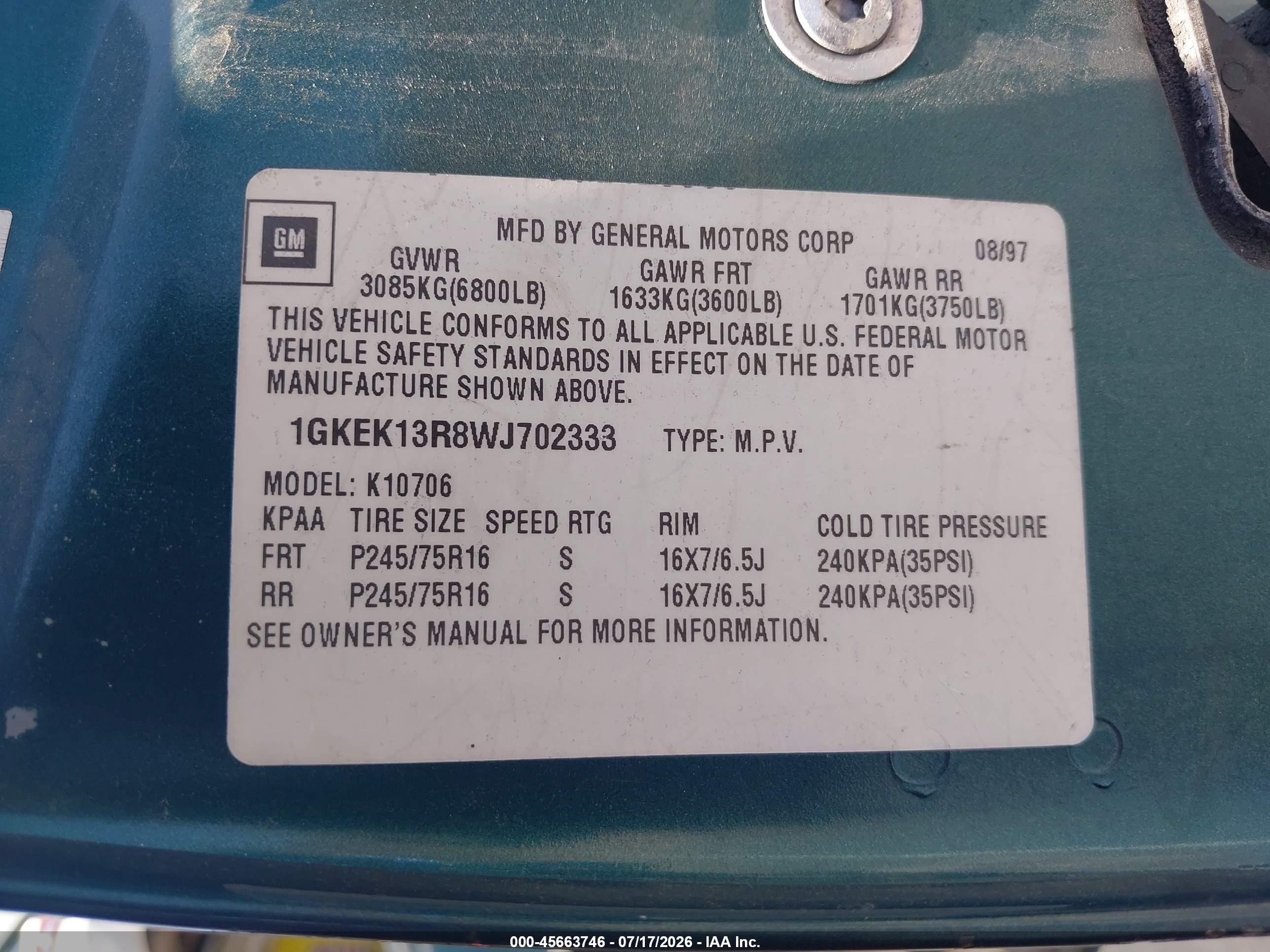 1998 Gmc Yukon Slt Зеленый vin: 1GKEK13R8WJ702333
