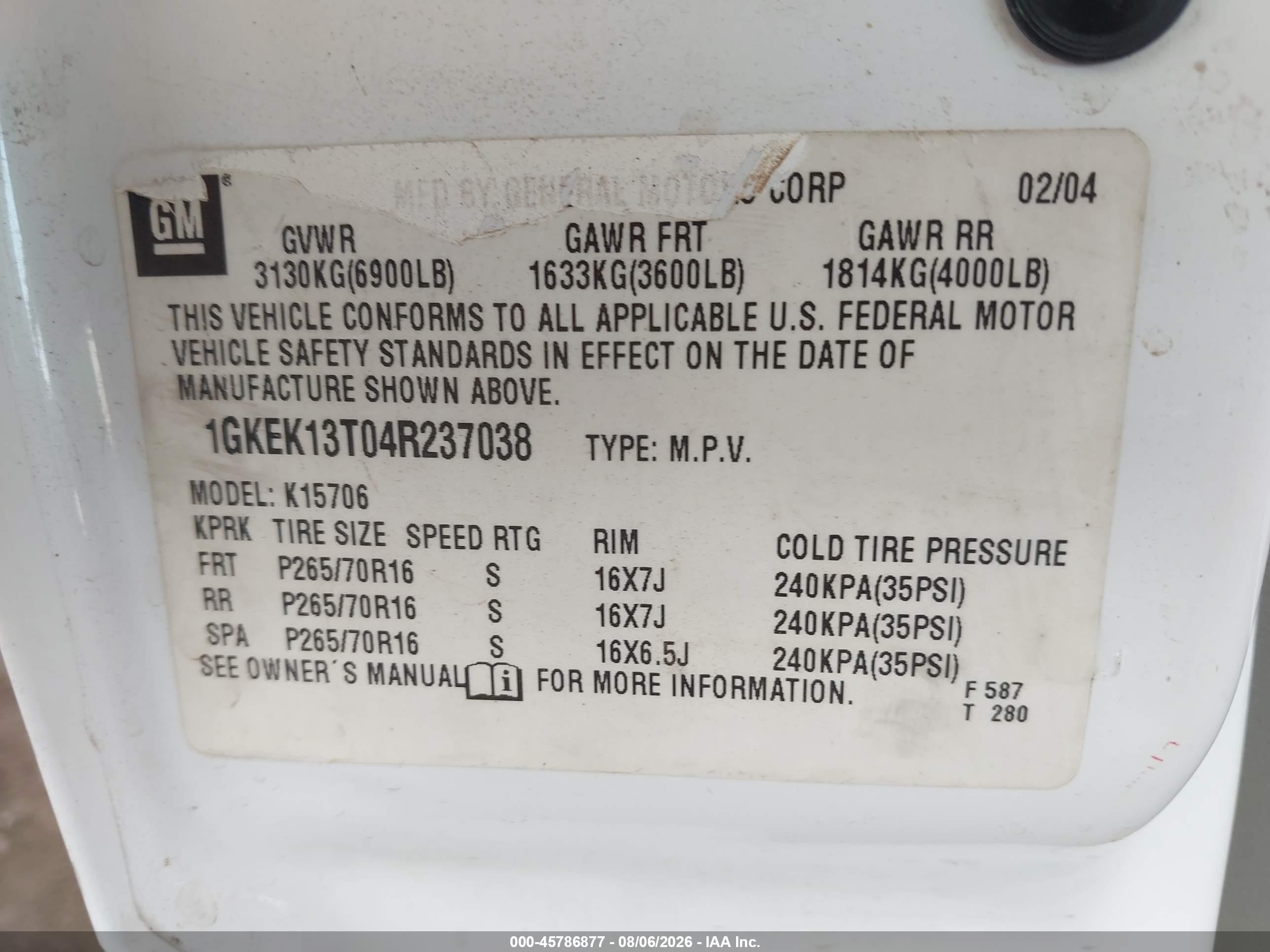 2004 Gmc Yukon Sle White vin: 1GKEK13T04R237038