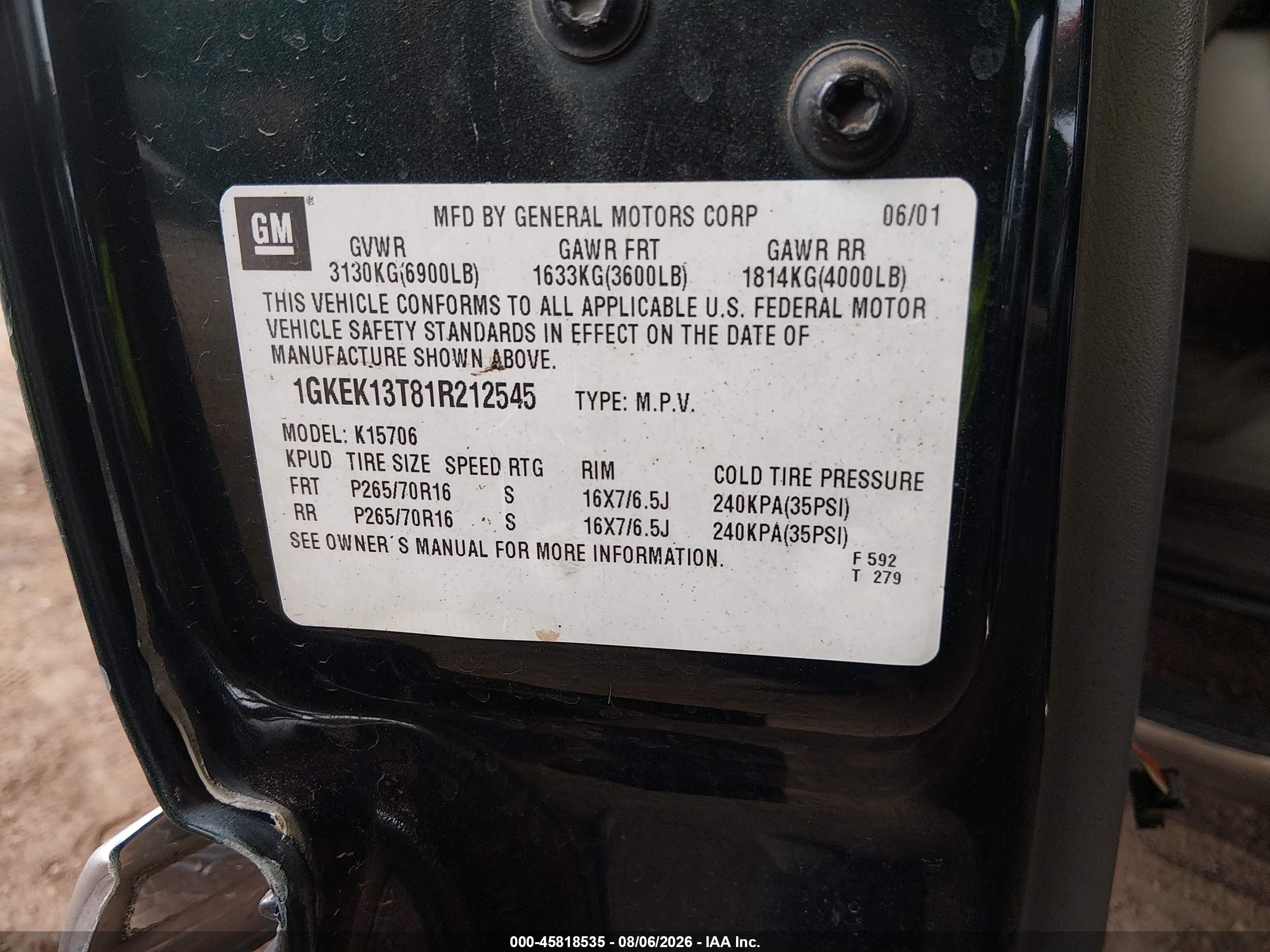 2001 Gmc Yukon Slt Green vin: 1GKEK13T81R212545