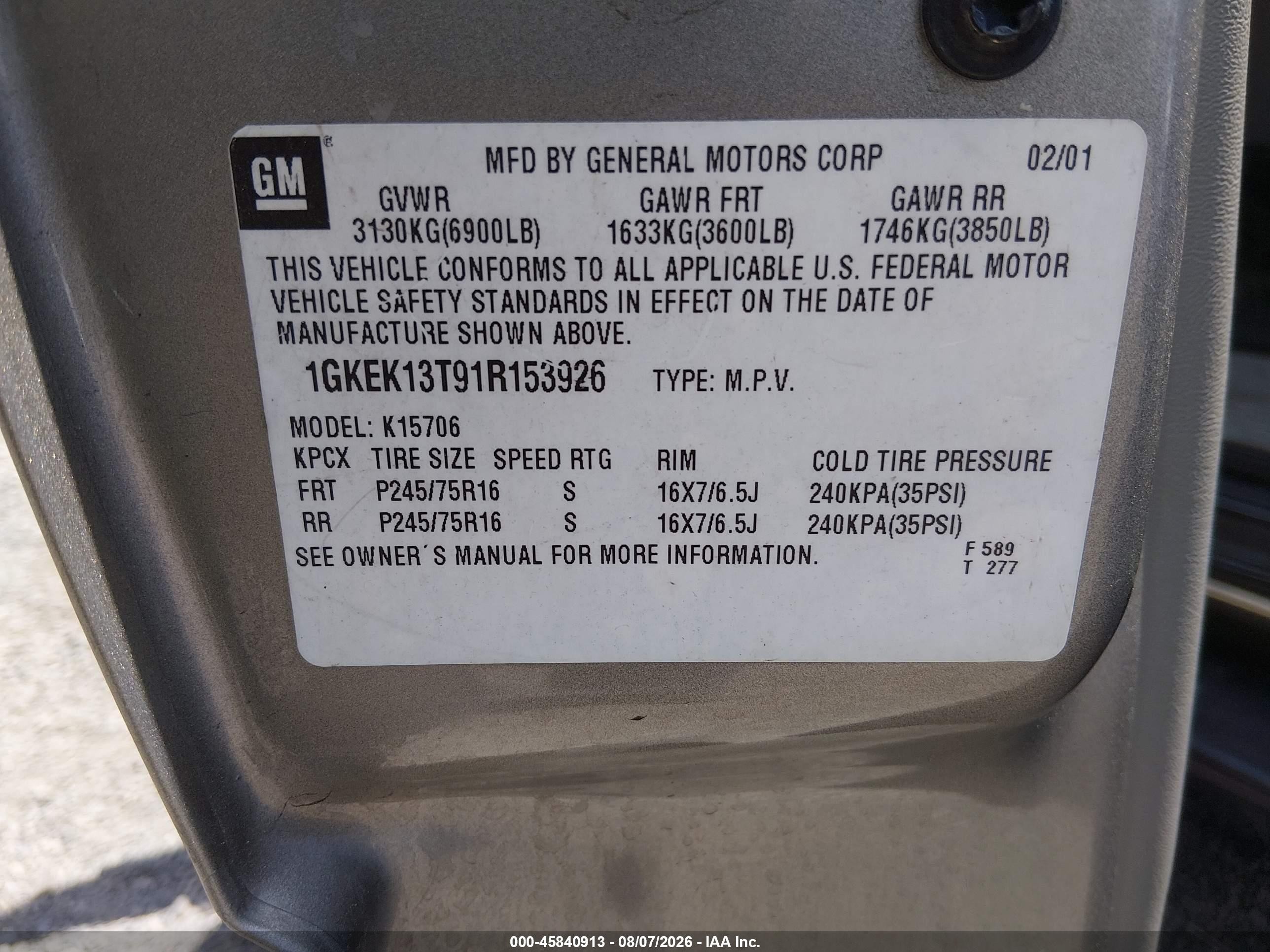 2001 Gmc Yukon Slt Gold vin: 1GKEK13T91R153926
