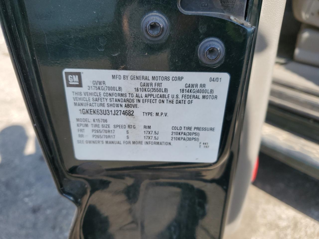 2001 Gmc Denali Green vin: 1GKEK63U31J274682
