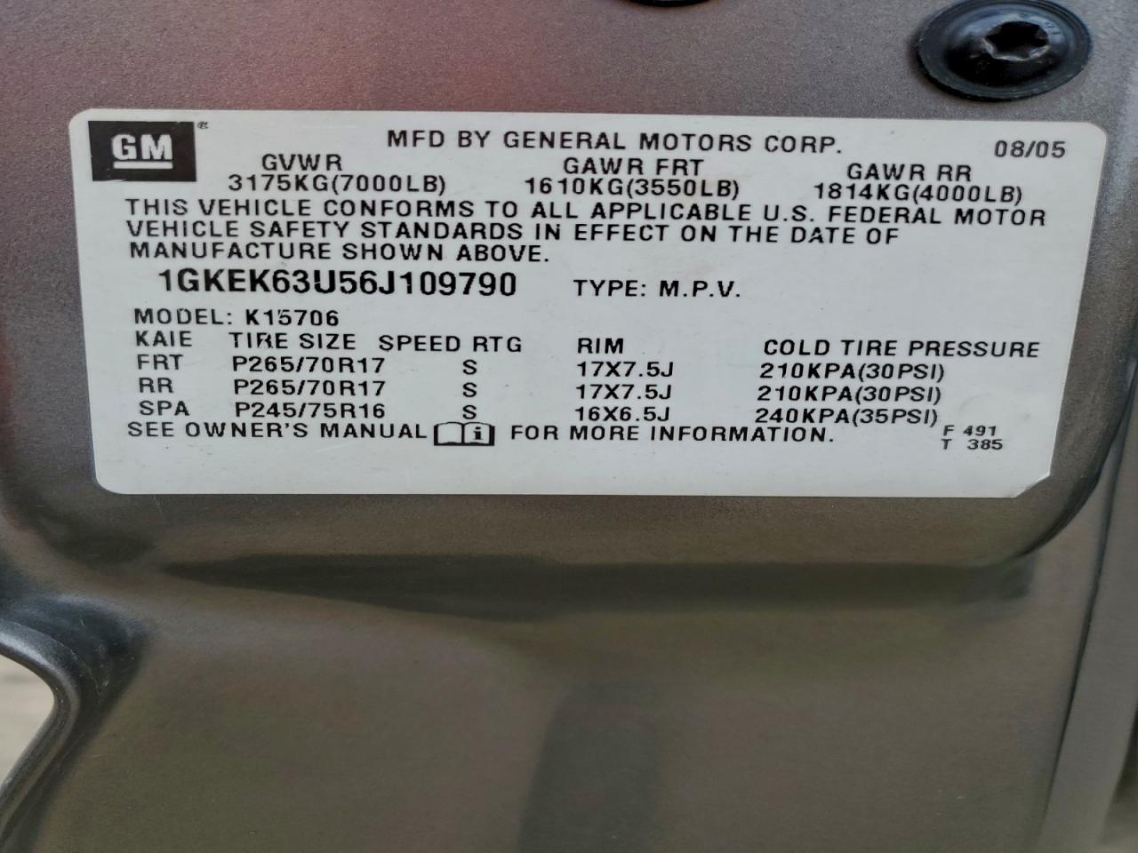 2006 Gmc Yukon Gray vin: 1GKEK63U56J109790