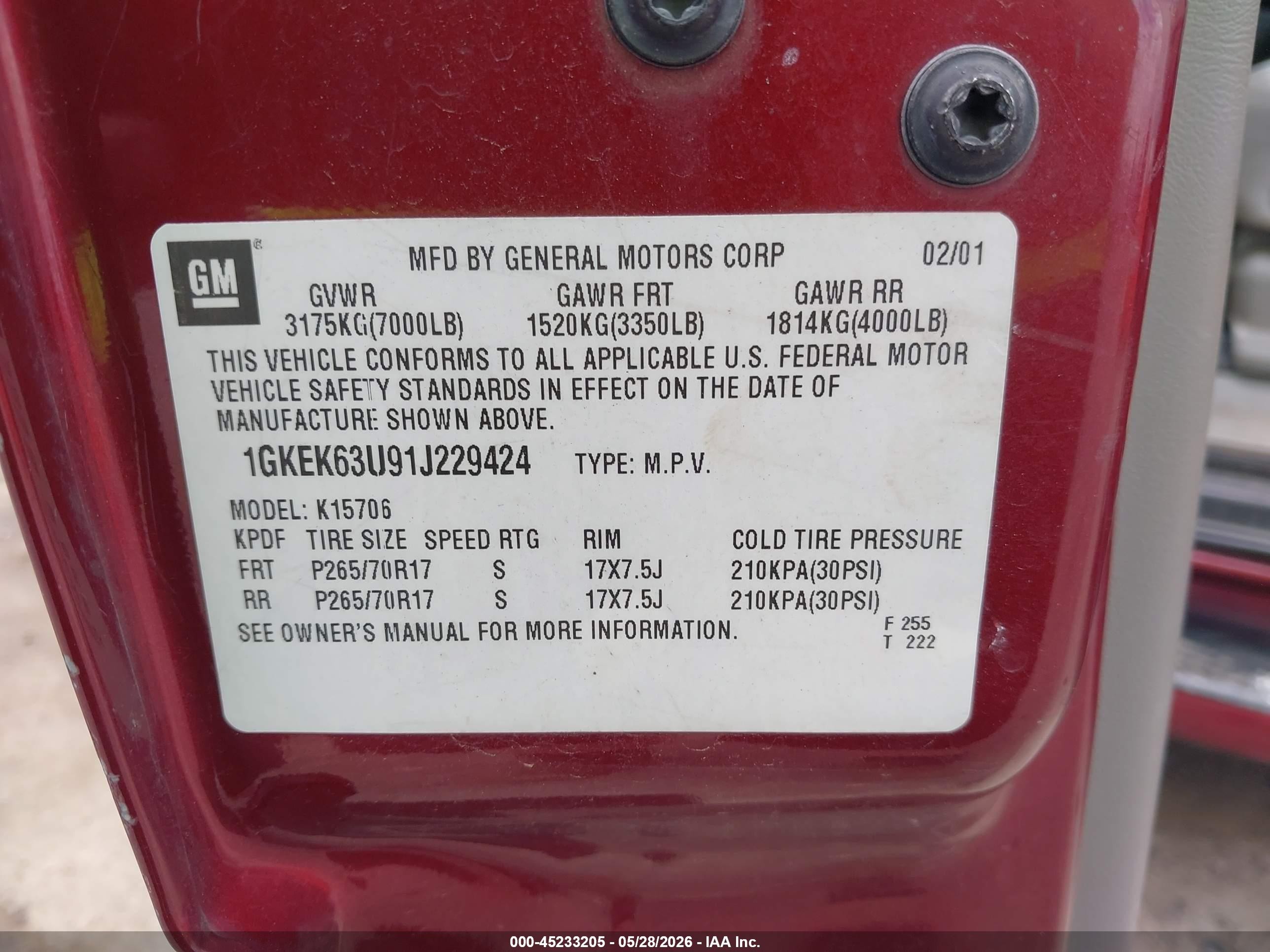 2001 Gmc Yukon Denali Burgundy vin: 1GKEK63U91J229424