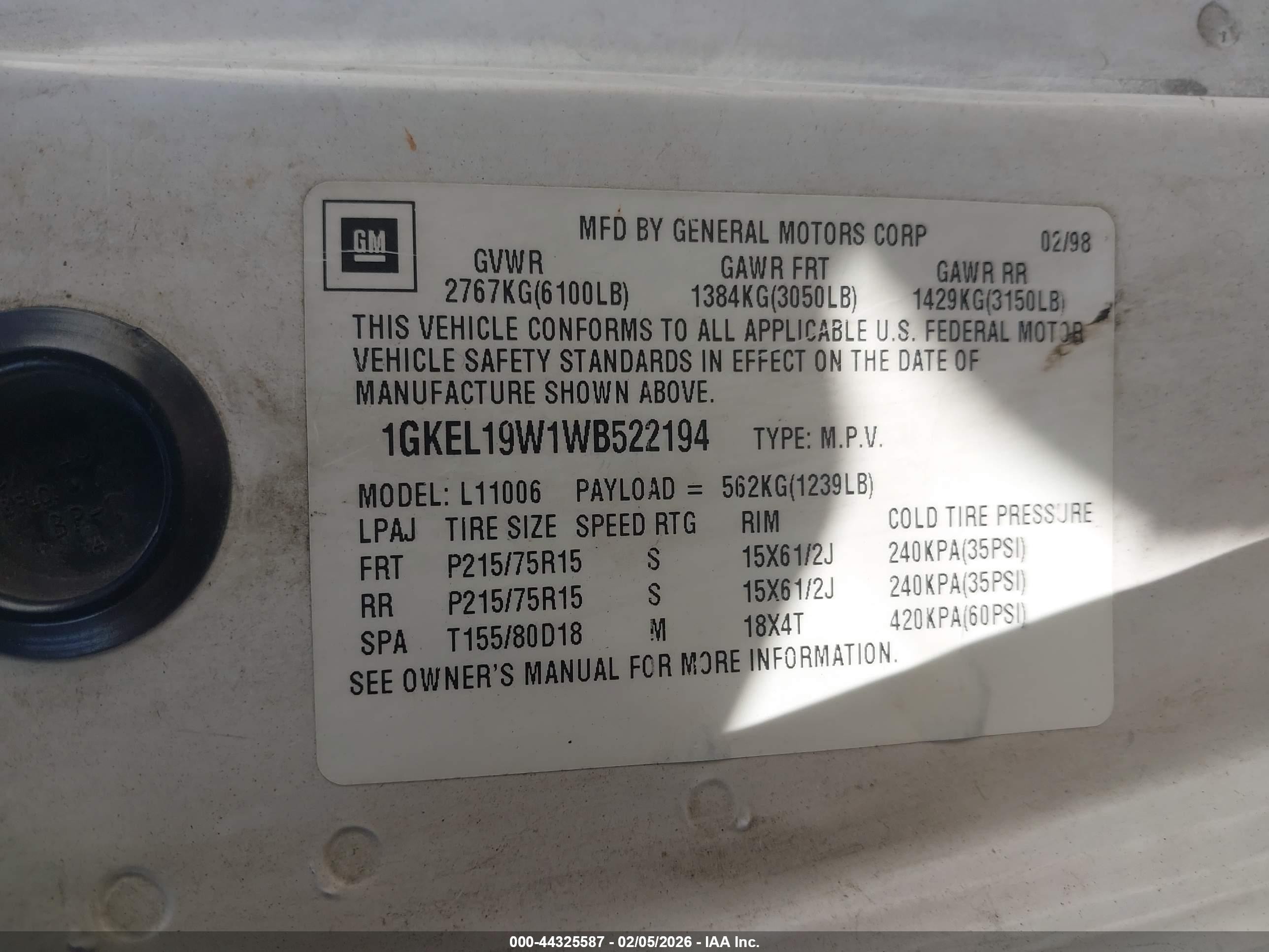 1998 Gmc Safari Sle White vin: 1GKEL19W1WB522194