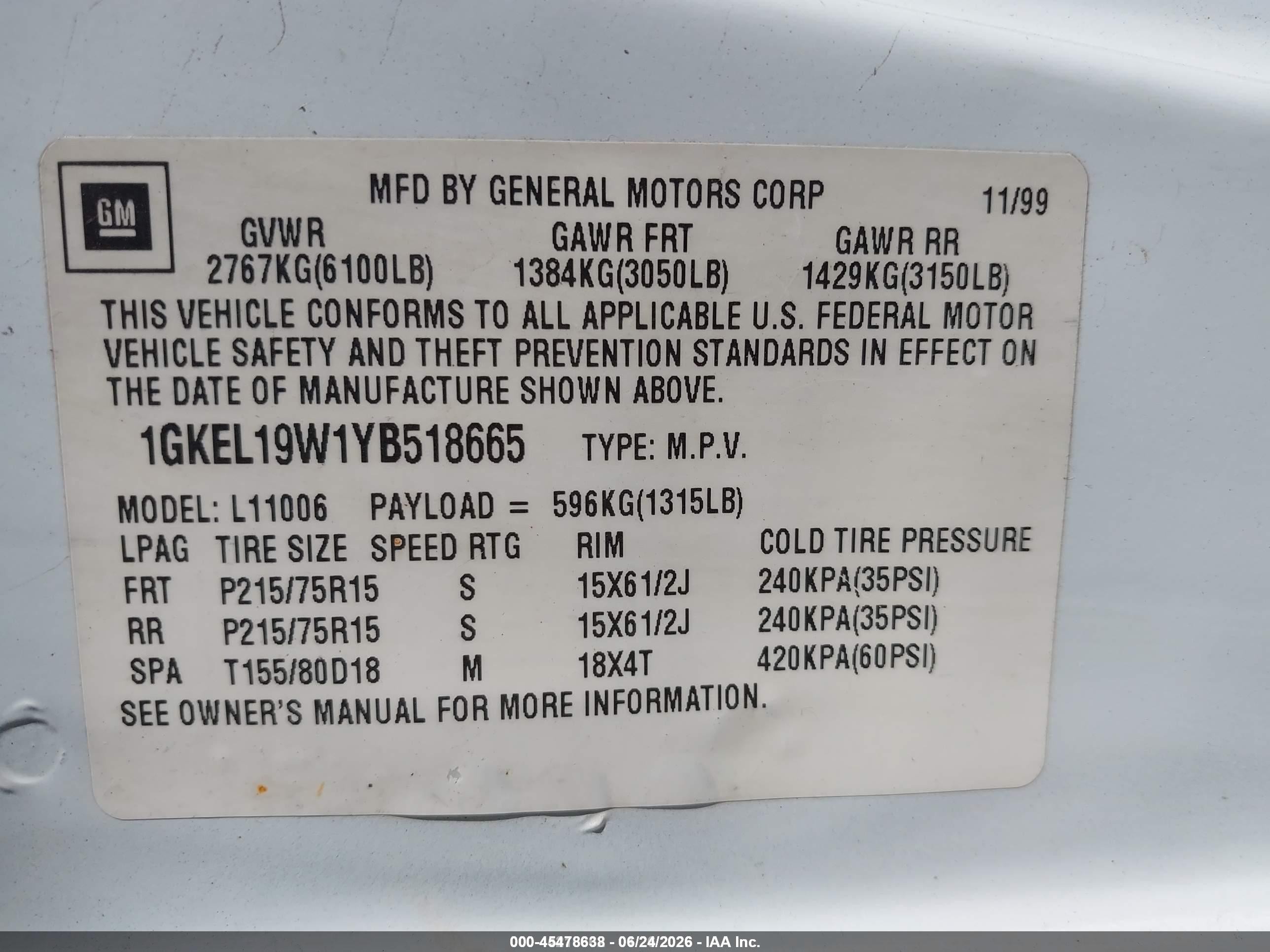 2000 Gmc Safari Sl White vin: 1GKEL19W1YB518665