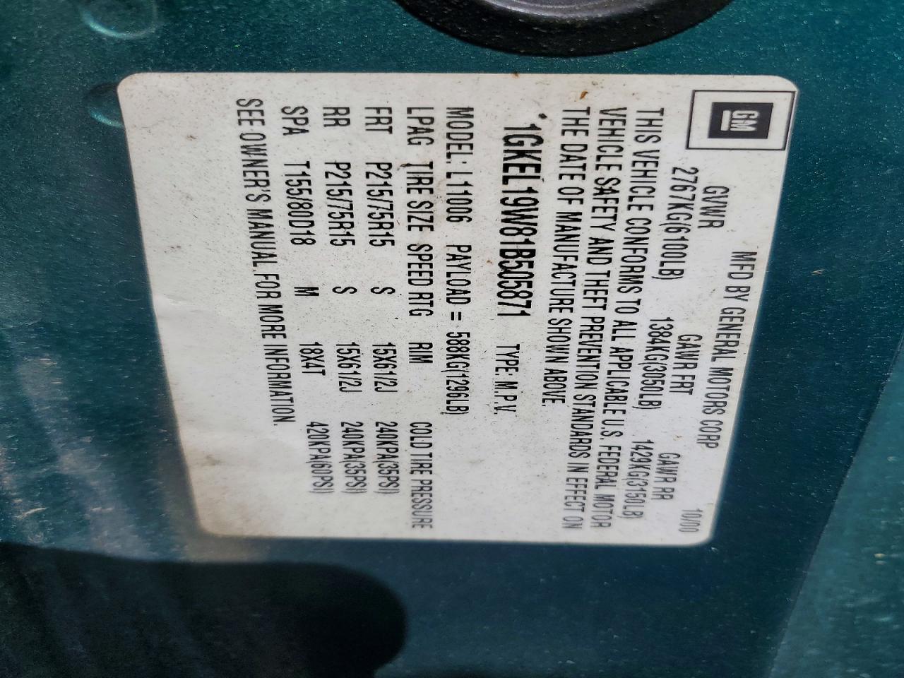 2001 Gmc Safari Xt Green vin: 1GKEL19W81B505871