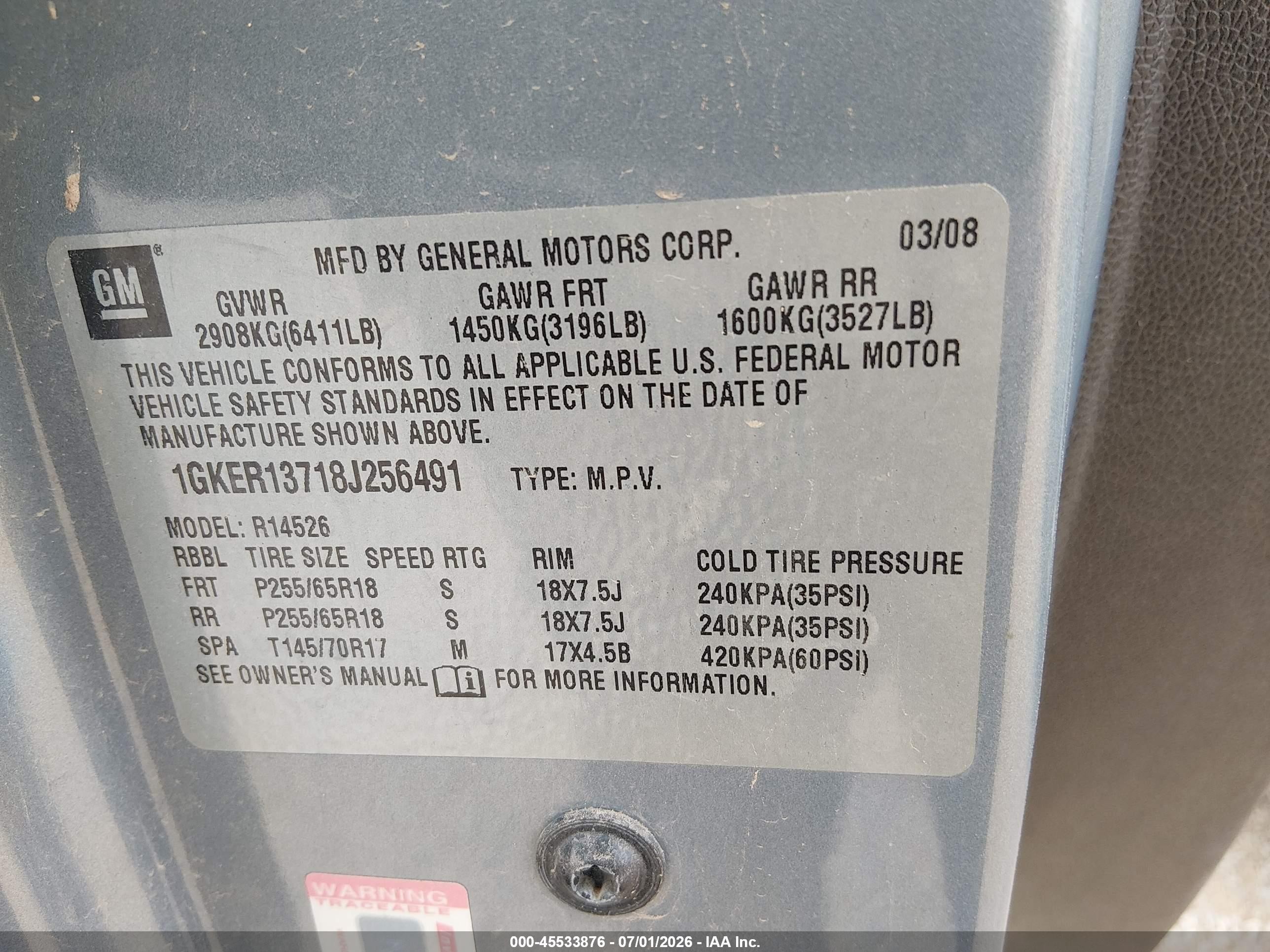 2008 Gmc Acadia Sle-1 Light Blue vin: 1GKER13718J256491