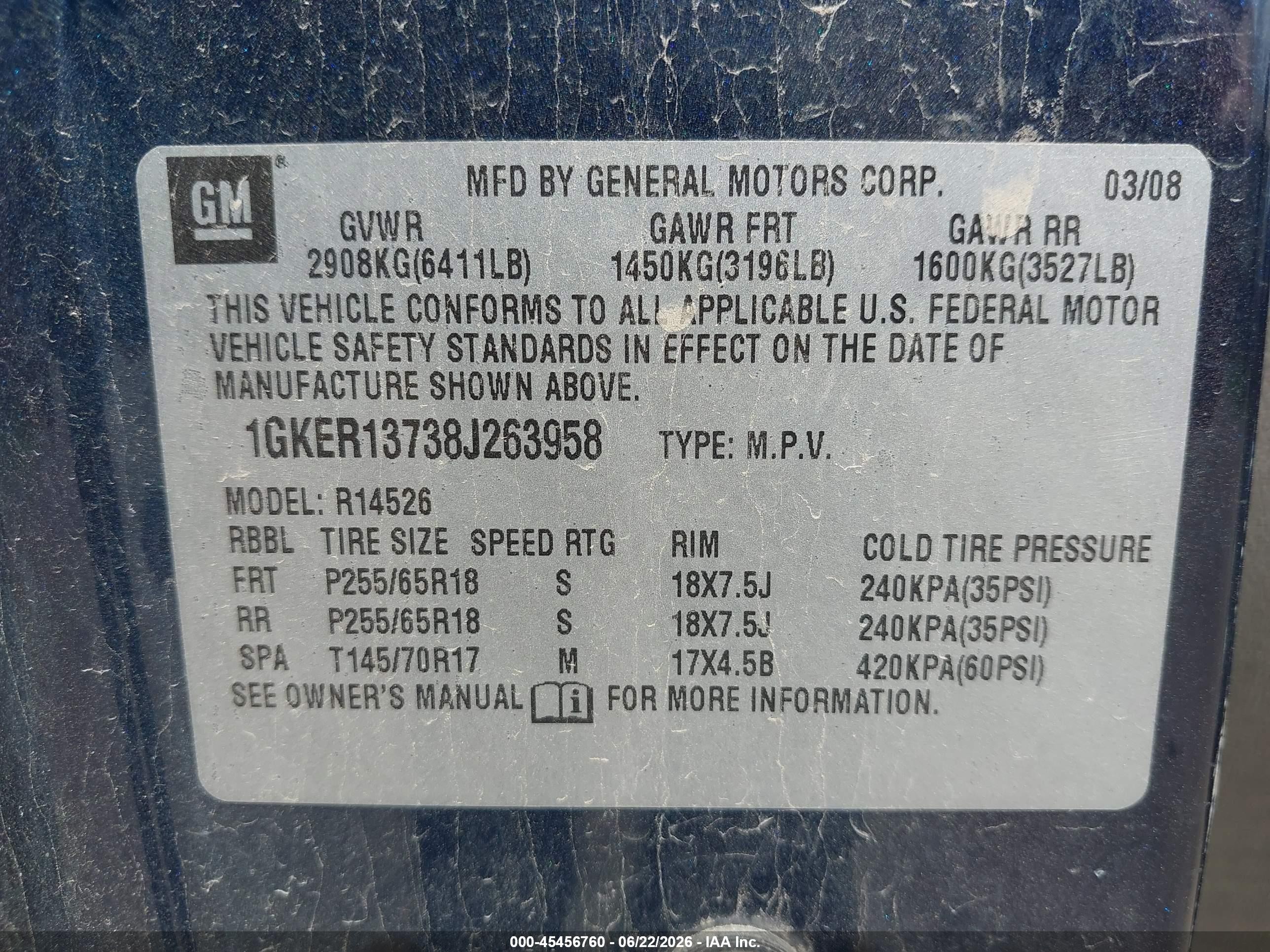 2008 Gmc Acadia Sle-1 Blue vin: 1GKER13738J263958