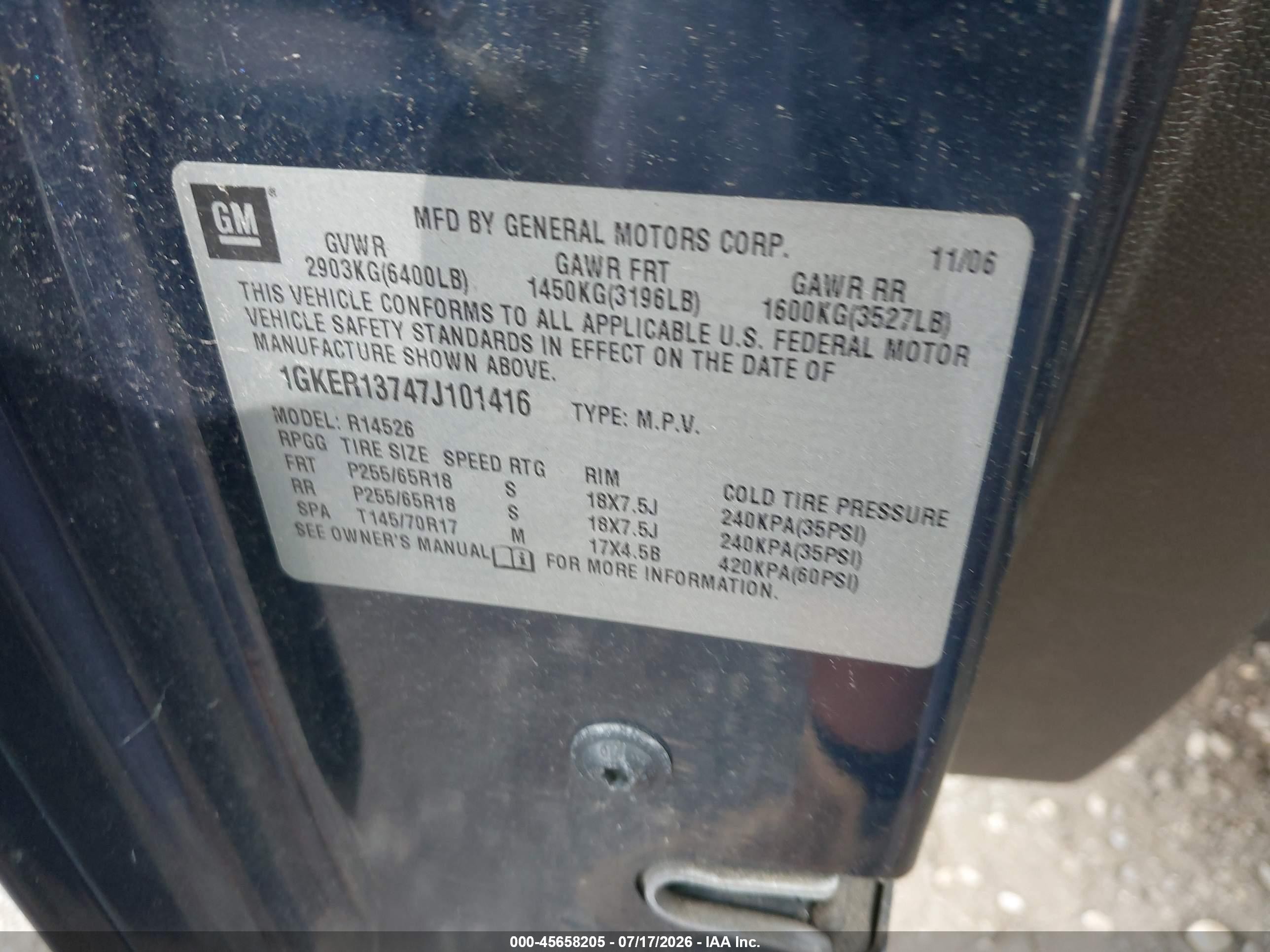 2007 Gmc Acadia Sle Blue vin: 1GKER13747J101416