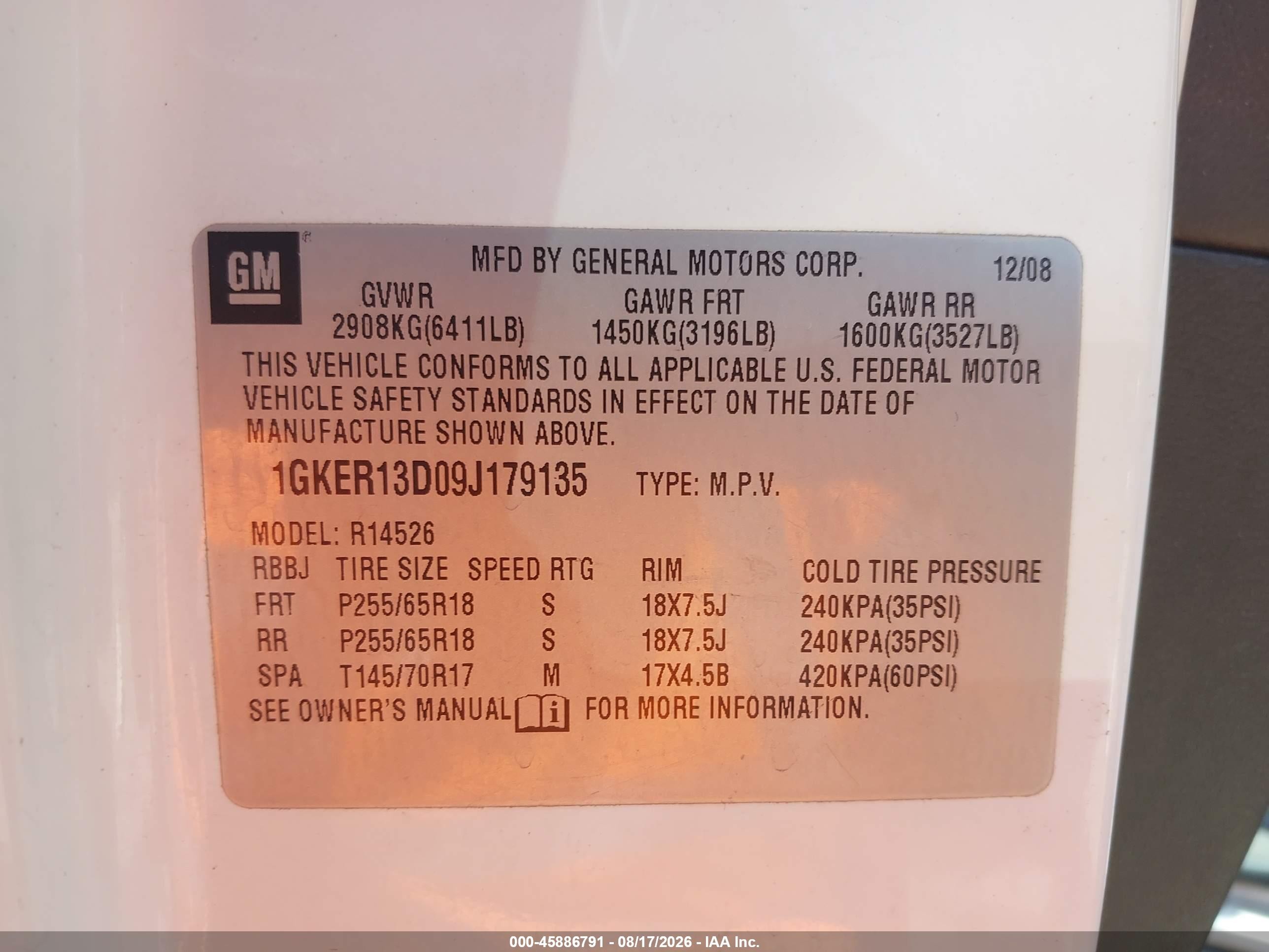 2009 Gmc Acadia Sle1 White vin: 1GKER13D09J179135