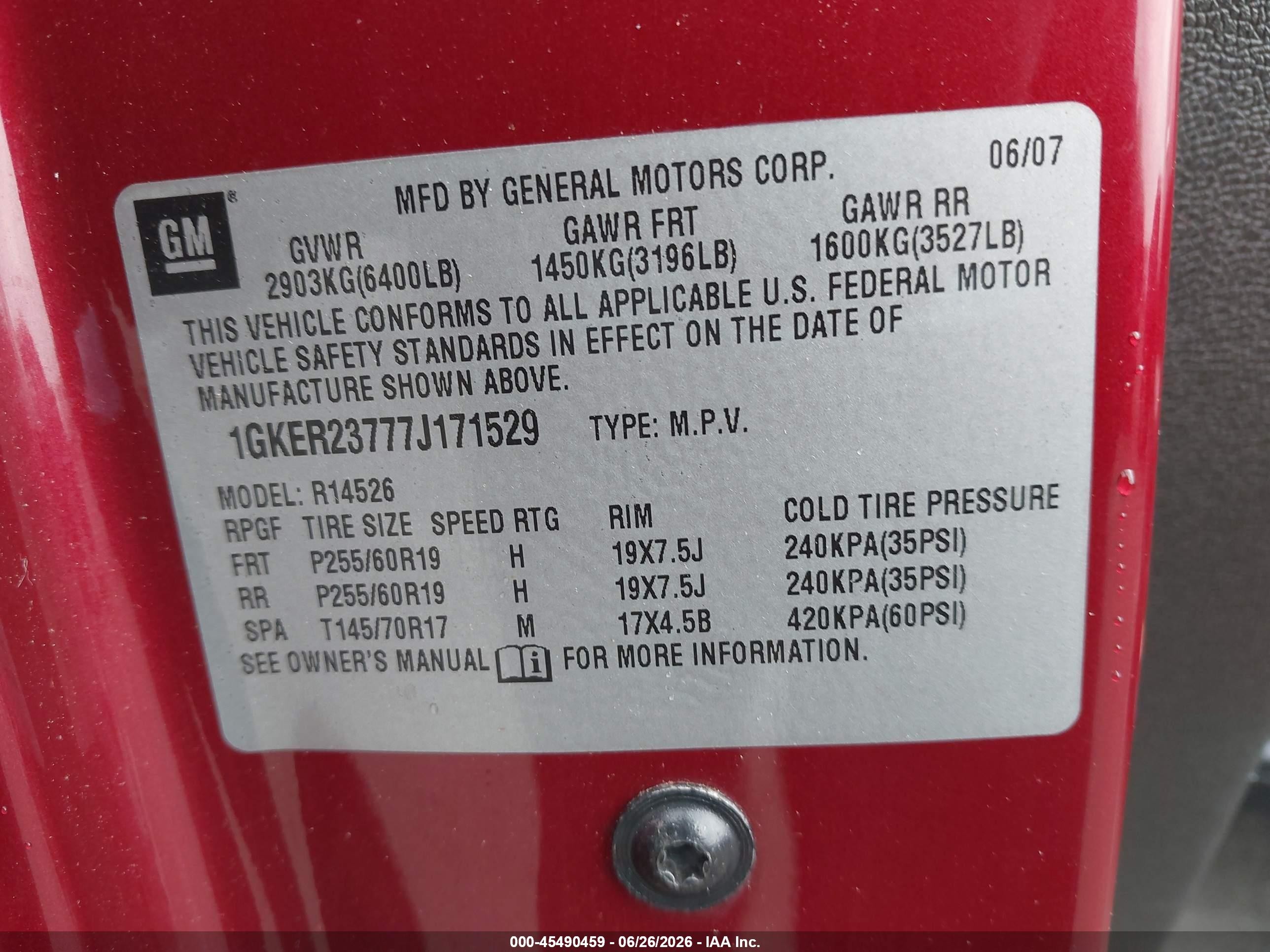 2007 Gmc Acadia Slt Red vin: 1GKER23777J171529