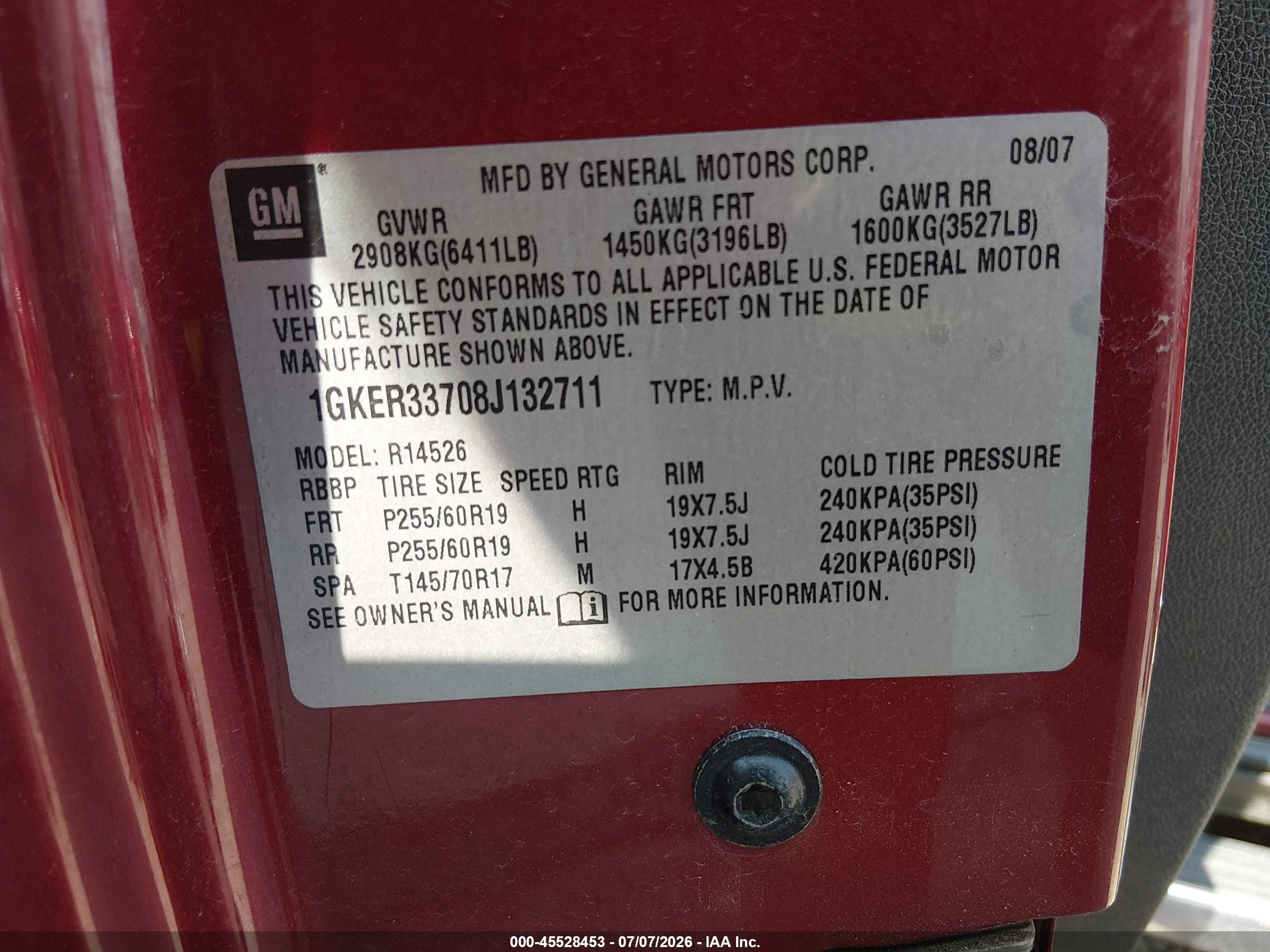 2008 Gmc Acadia Slt-2 Red vin: 1GKER33708J132711