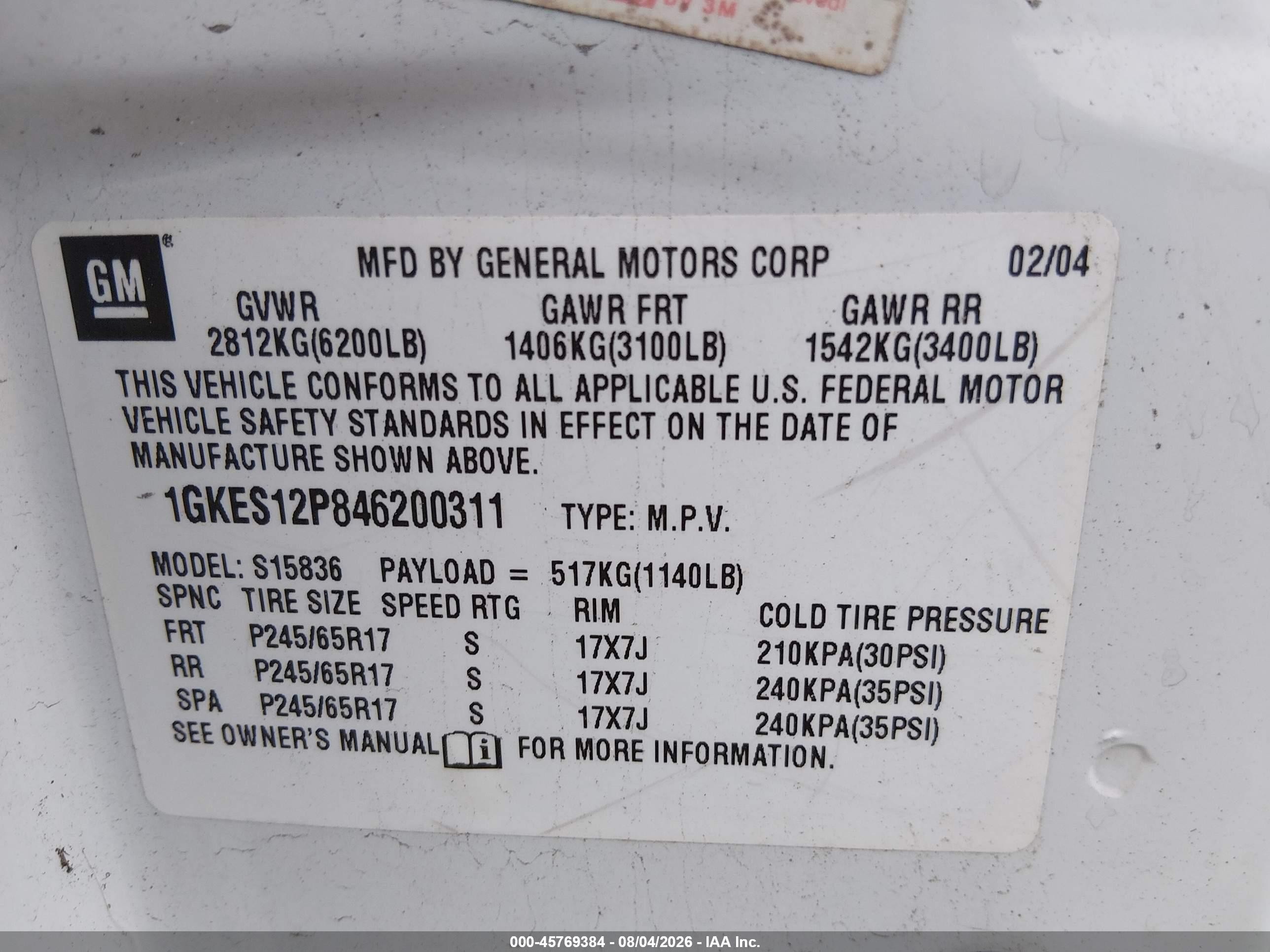 2004 Gmc Envoy Xuv Slt Белый vin: 1GKES12P846200311