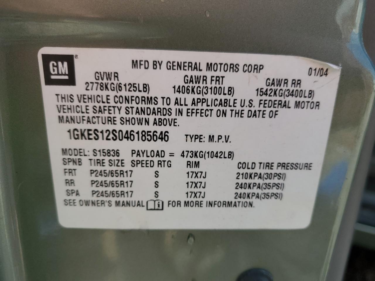 2004 Gmc Envoy Xuv Green vin: 1GKES12S046185646