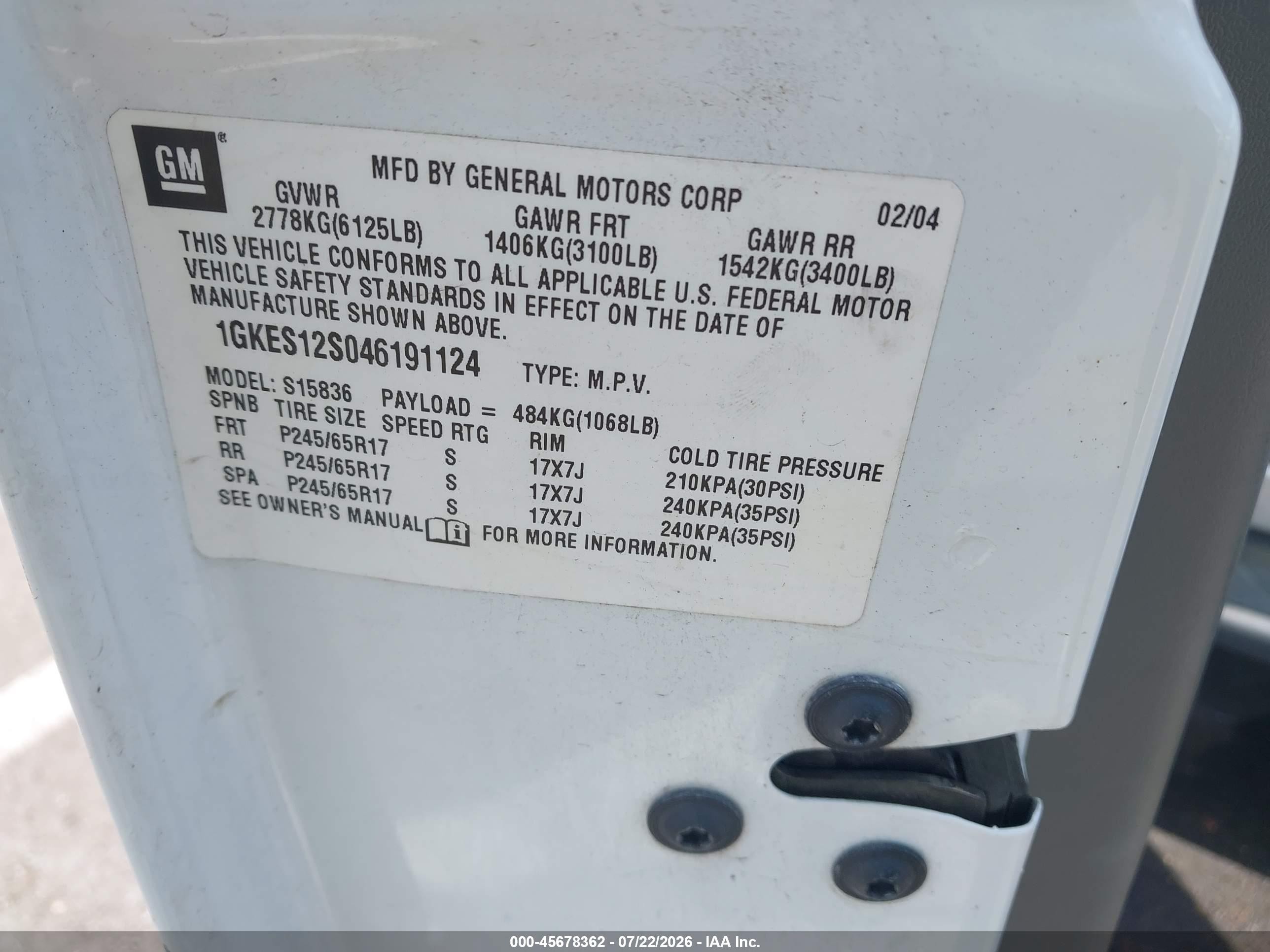2004 Gmc Envoy Xuv Sle White vin: 1GKES12S046191124