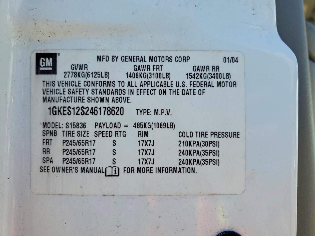 2004 Gmc Envoy Xuv White vin: 1GKES12S246178620