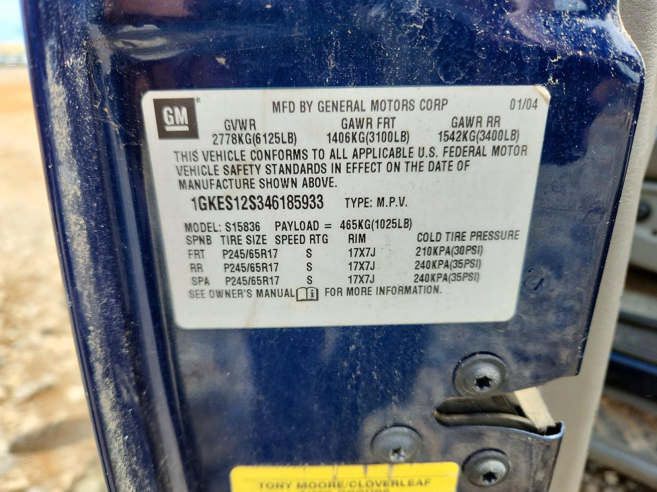 2004 Gmc Envoy Xuv Blue vin: 1GKES12S346185933